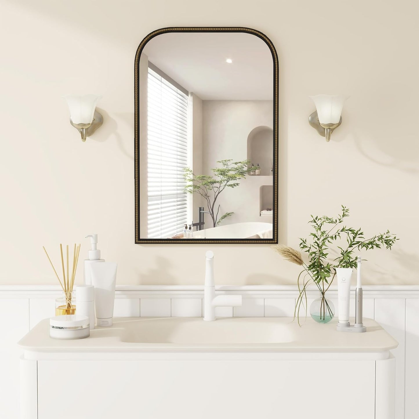 Axeman 24x36 Rounded Rectangular Wall Mirror, Decorative Bathroom Mirror, Traditional Vintage Wall Mounted Mirror with Beaded Frame for Accent Living Room Vanity Bedroom Entryway, Black