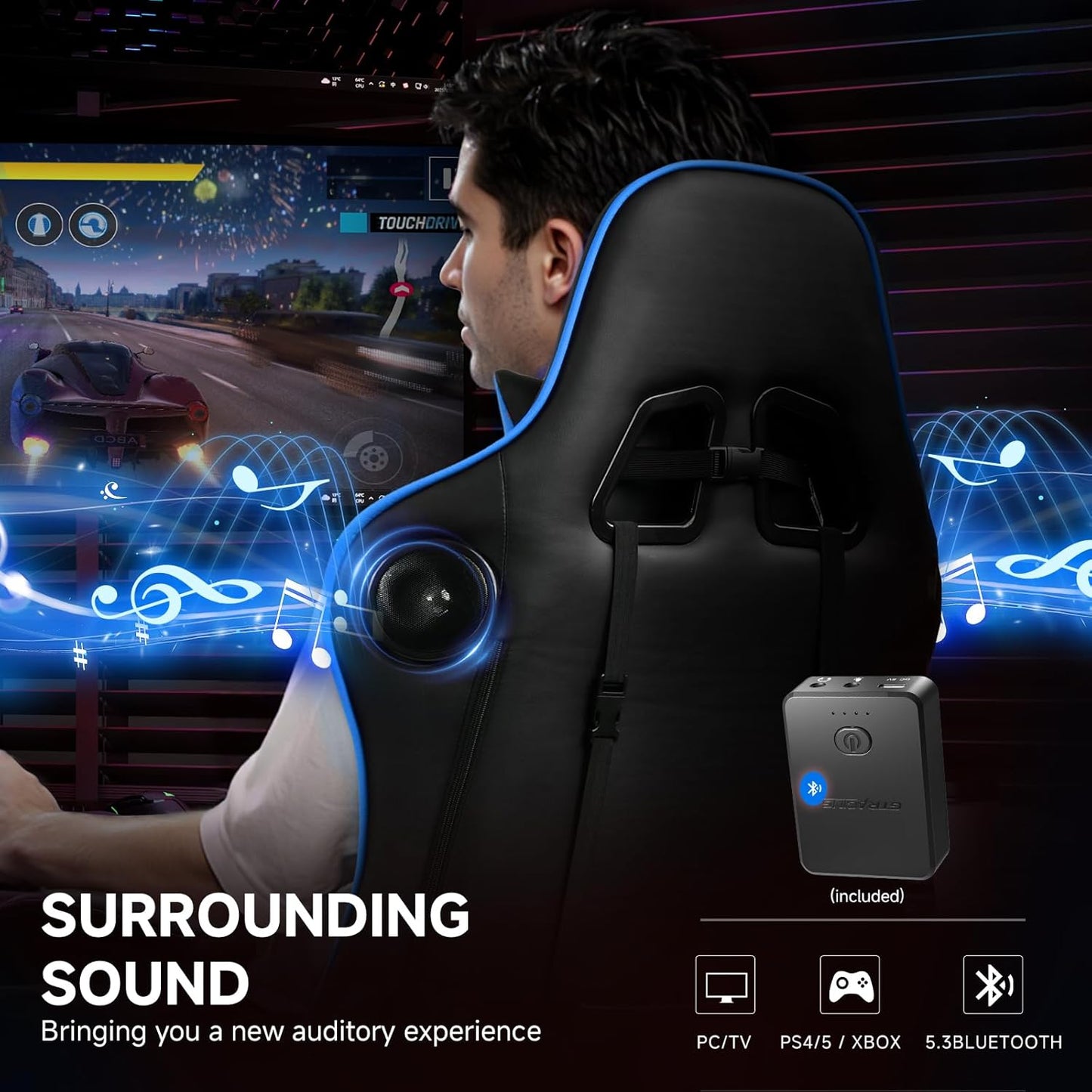GTPLAYER Gaming Chair with Bluetooth Speakers and Footrest, Ergonomic Gamer Chair with Reclining Backrest, 3D Armrests, Adjustable Seat Height, Computer Desk Chair for Adults (Blue)