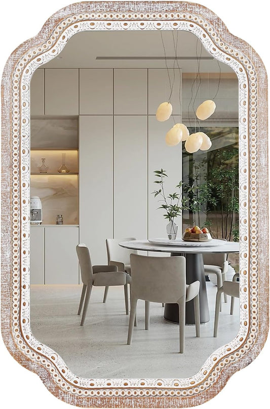36x24 Wooden Scalloped Decorative Wall Mirror with Beaded Frame, Rustic Farmhouse Entryway Mirrors for Bathroom Vanity, Foyer, Hallway, or Over Sink (Horizontal/Vertical)