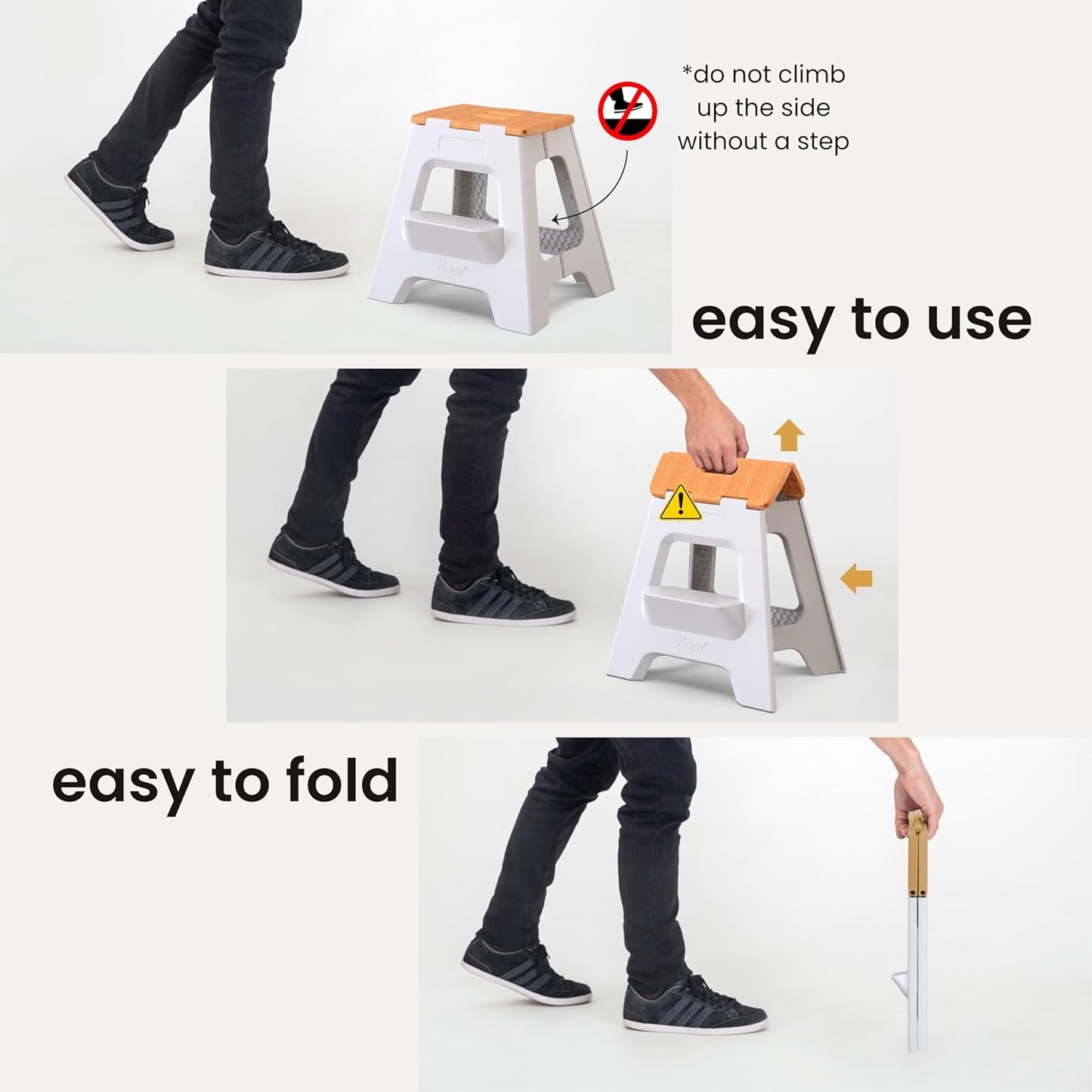 Vigar Compact Step Stool Foldable, 16-inch Two-Step Stools for Adults up to 330 Pound, Lightweight Stool, Non-Slip Folding Step Stool, Grey, Bamboo Print on Top