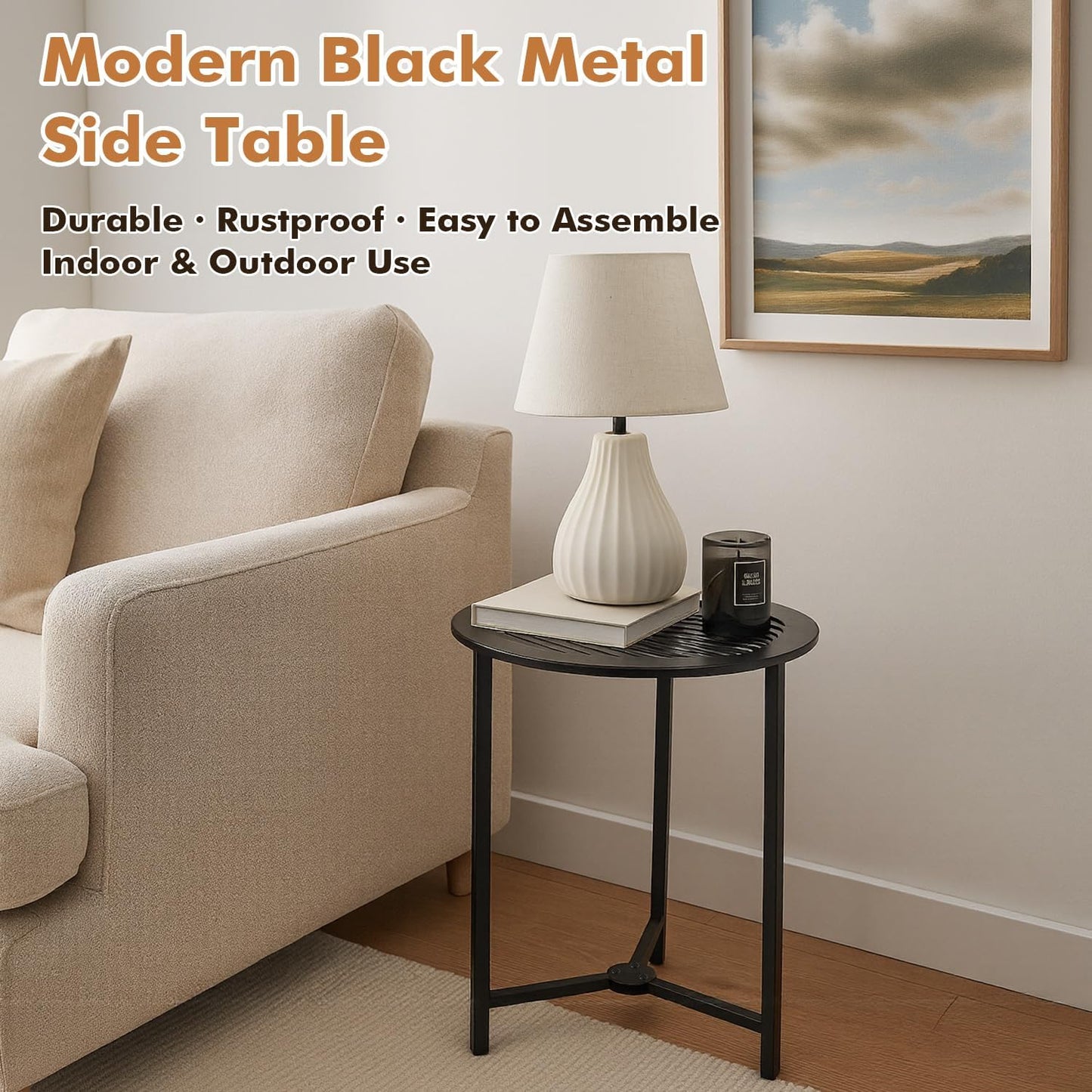 2 Packs 13" Small Metal Side Tables Indoor Black Outside End Table for Outdoor Patio Round Accent Garden Corner Stand for Small Spaces Weather-Resistant Coffee Table for Balcony Porch Plant Stand