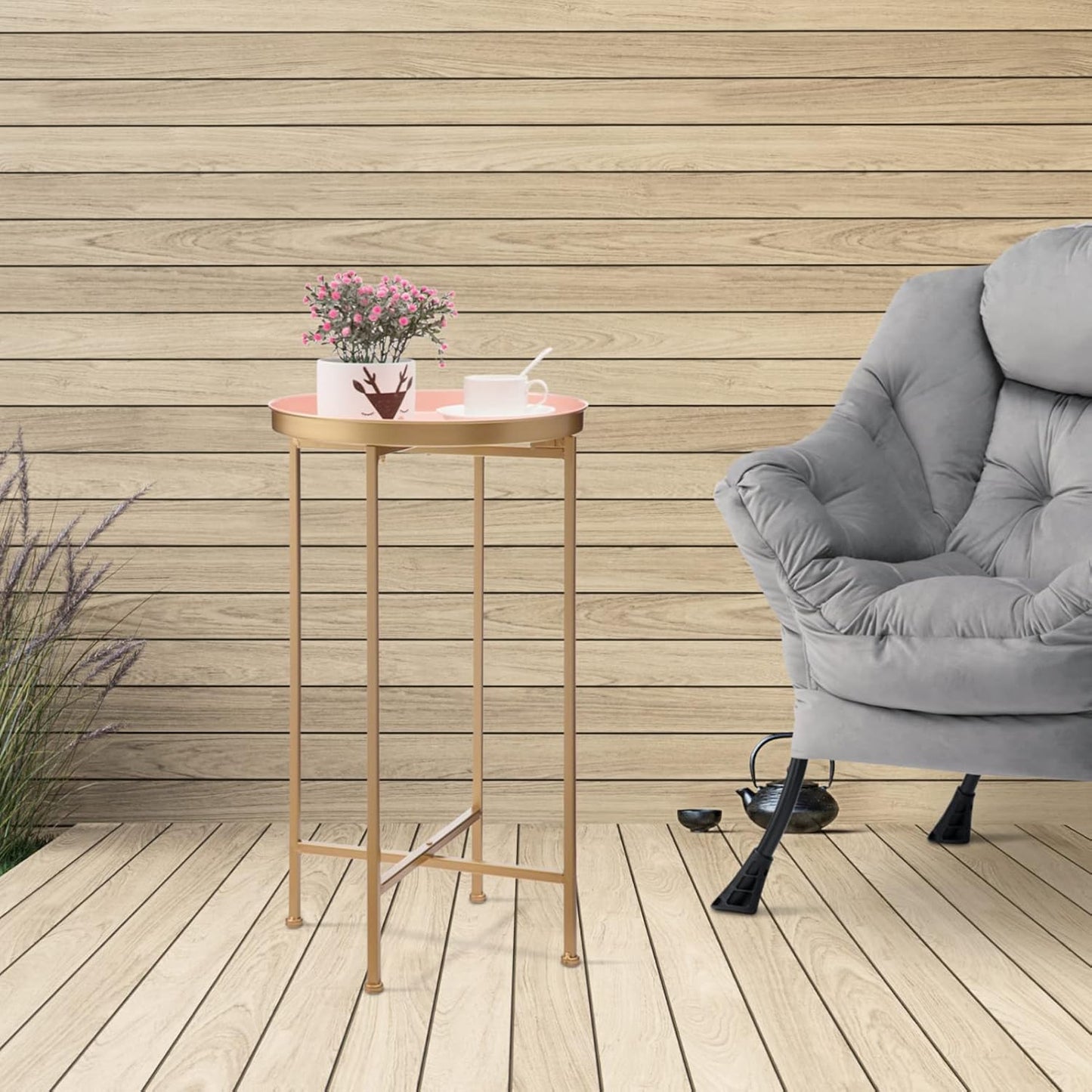 HollyHOME Small Round Metal End Table, Accent Indoor&Outdoor Coffee Side Table, Snack Sofa Table for Living Room, Anti-Rust Decorative Plant Stand, (D) 14.5" x(H) 25", Gold&Pink