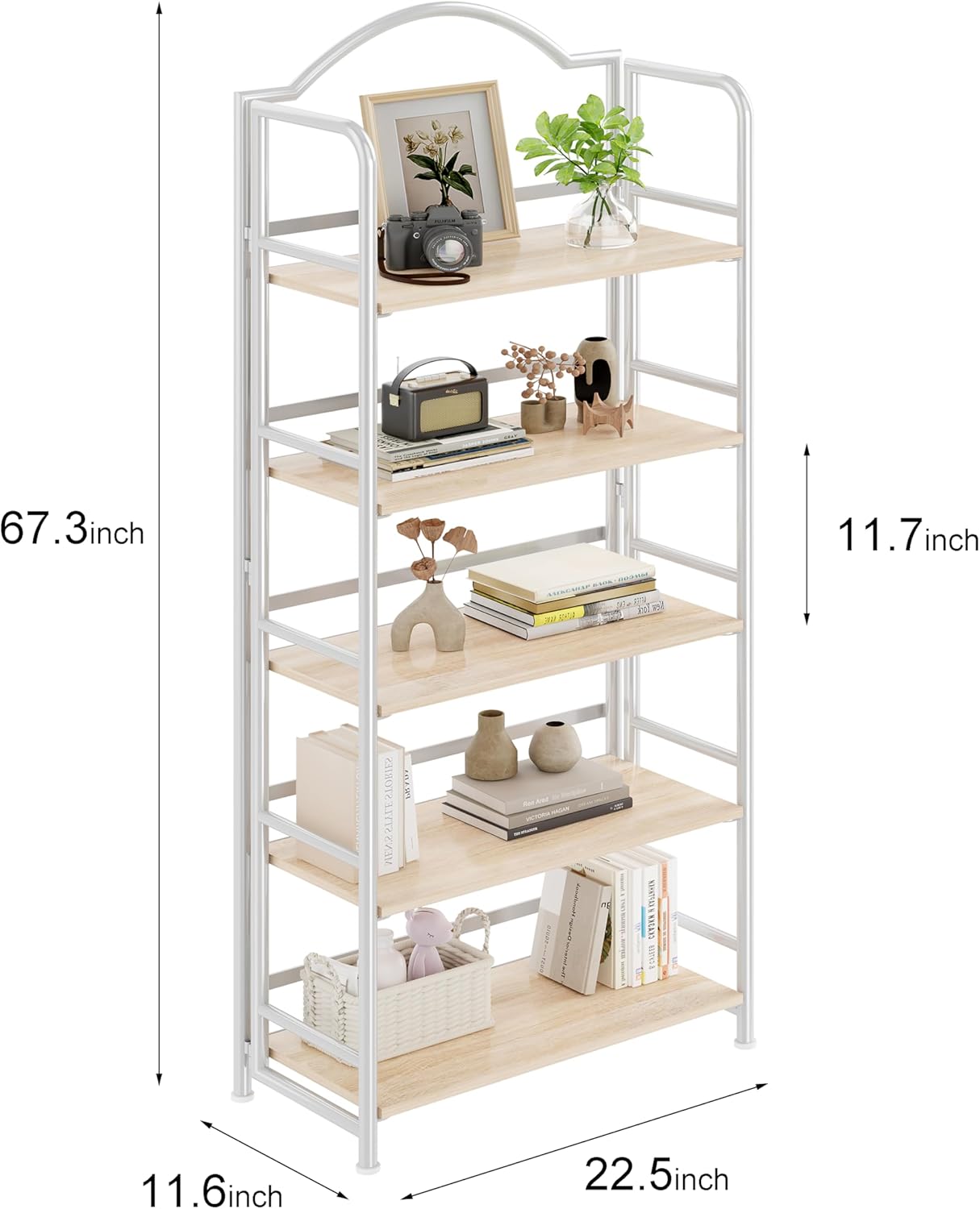No-Assembly Folding Bookshelf Storage Shelves 5 Tiers Vintage Multifunctional Plant Stand Storage Rack Shelves Bookcase for Home Office