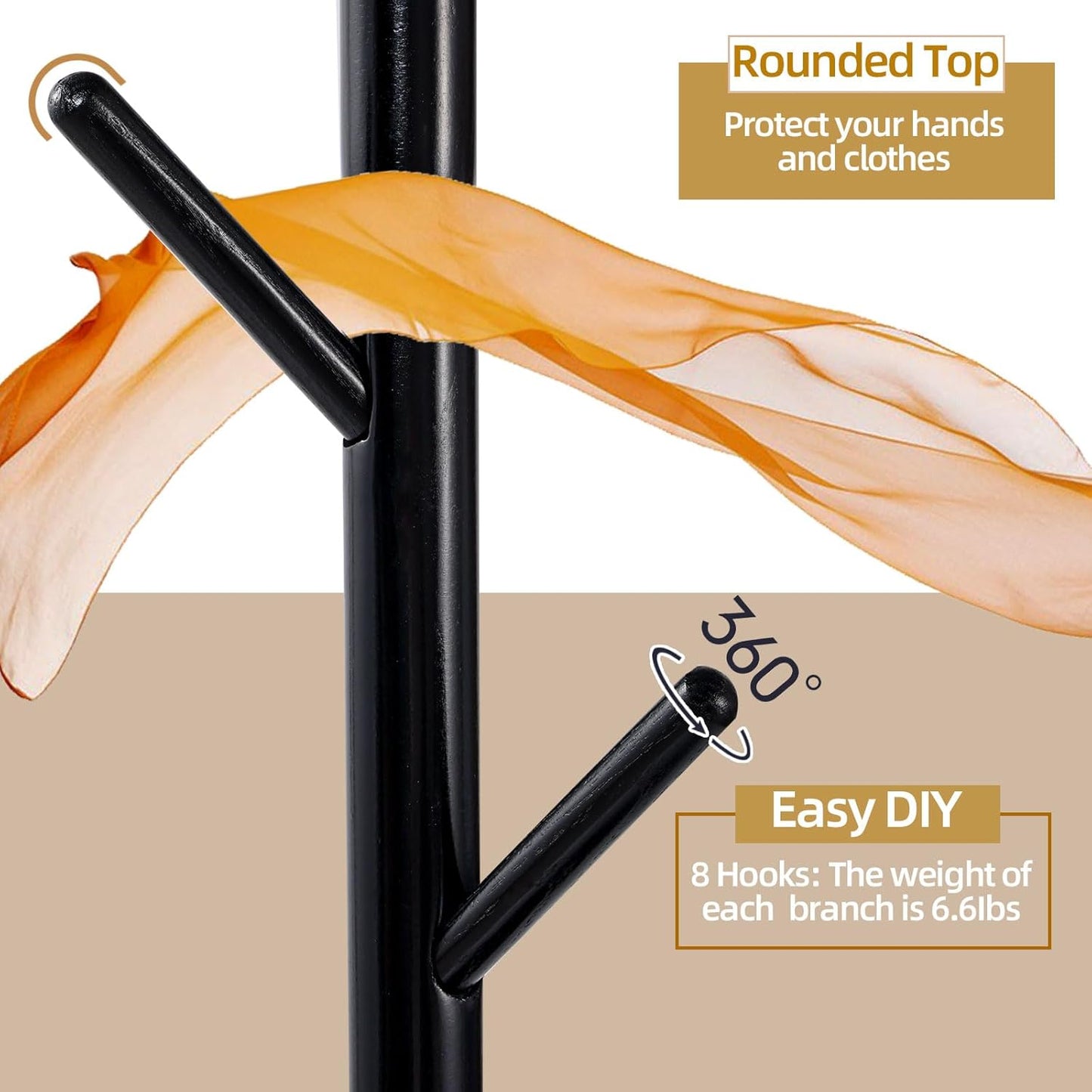 Yawinhe Coat Rack, Sturdy Woode Stand Tree with 8 Hooks, 3 Adjustable Height for Bedroom, Hallway, Entrance, Office, 11.8 x 70.8 inches, Black, 1-Pack, Square Base