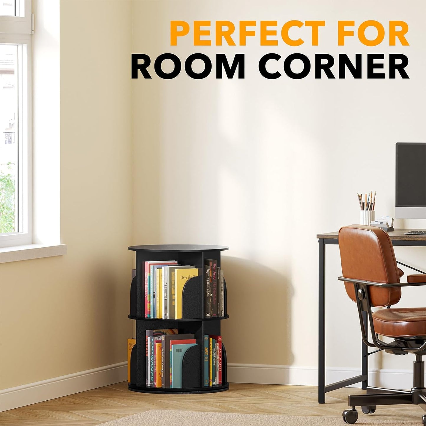 SpaceAid 2 Tier Rotating Bookshelf Tower, Spinning Bookcase Lazy Susan, Revolving 360 Book Shelf Storage Round Carousel, Vertical Rotate Turning Spiral Corner Organizer, Black