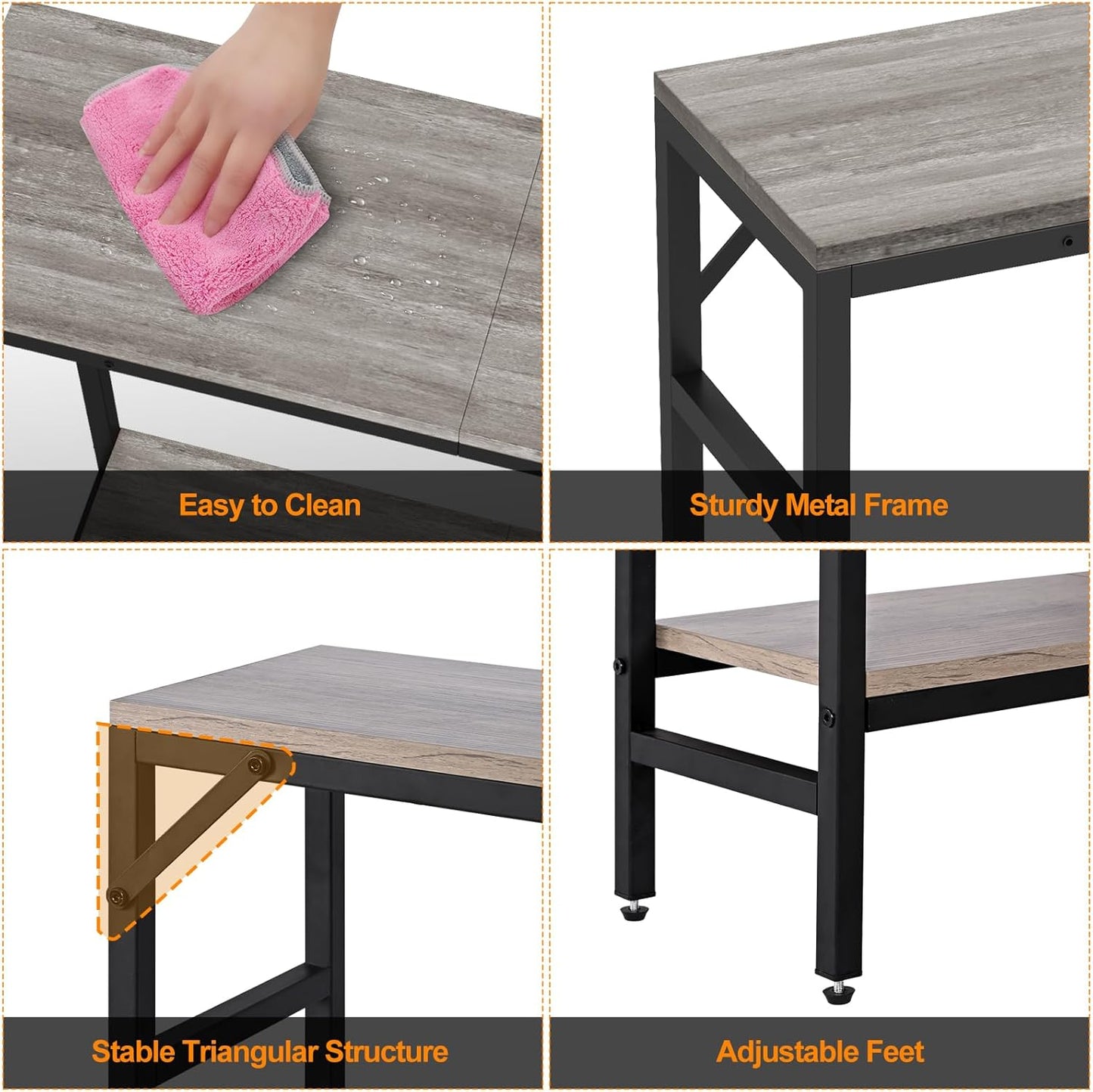 Narrow Console Table, 2 Tier Entryway Table, Thin Sofa Table, Industrial Couch Table with 2 Support Bar, Small Side Tables for Living Room, Bedroom, Hallway, Foyer, Grey