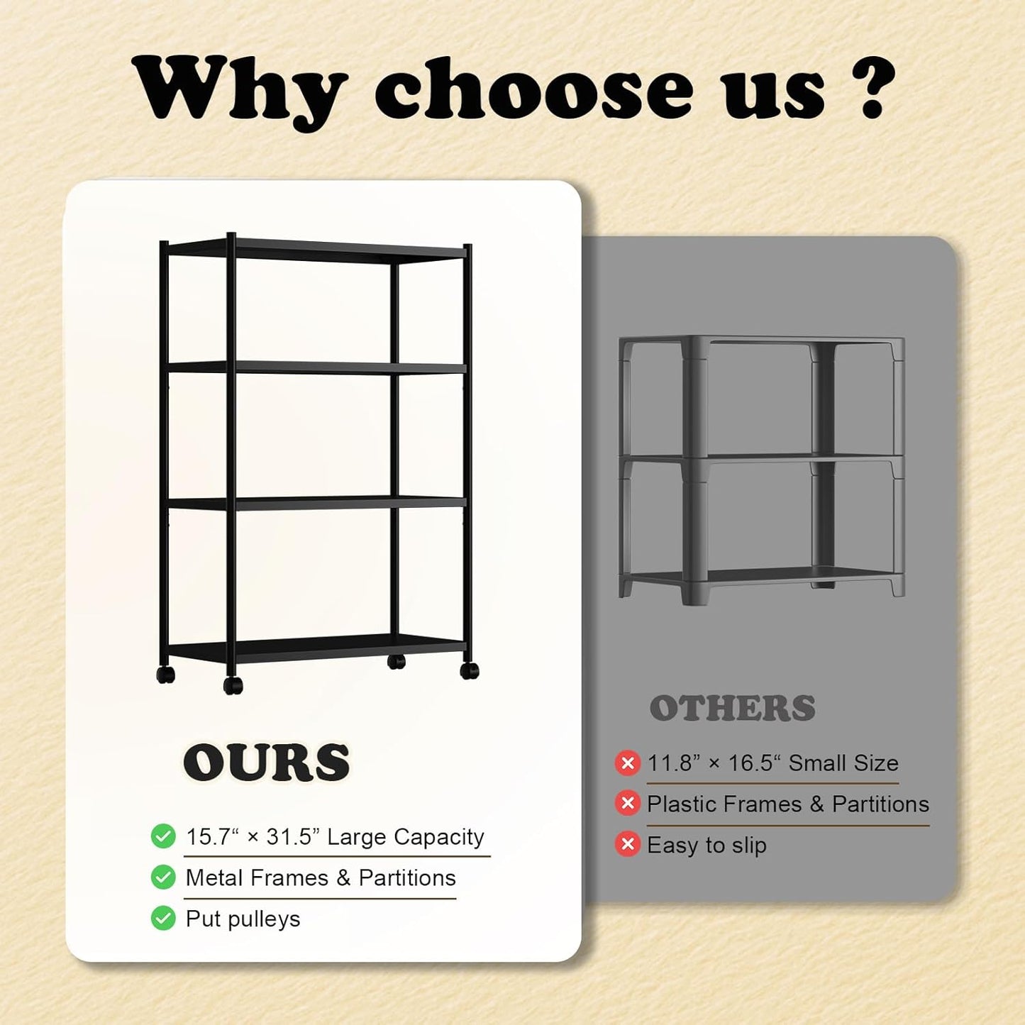 ZZL 4 Tier Bookshelf 31.49" Width,Book Organizers and Storage w/Wheels,Rustic Industrial Book Shelves for Home Office,Bedroom,School,Living Room(Black)