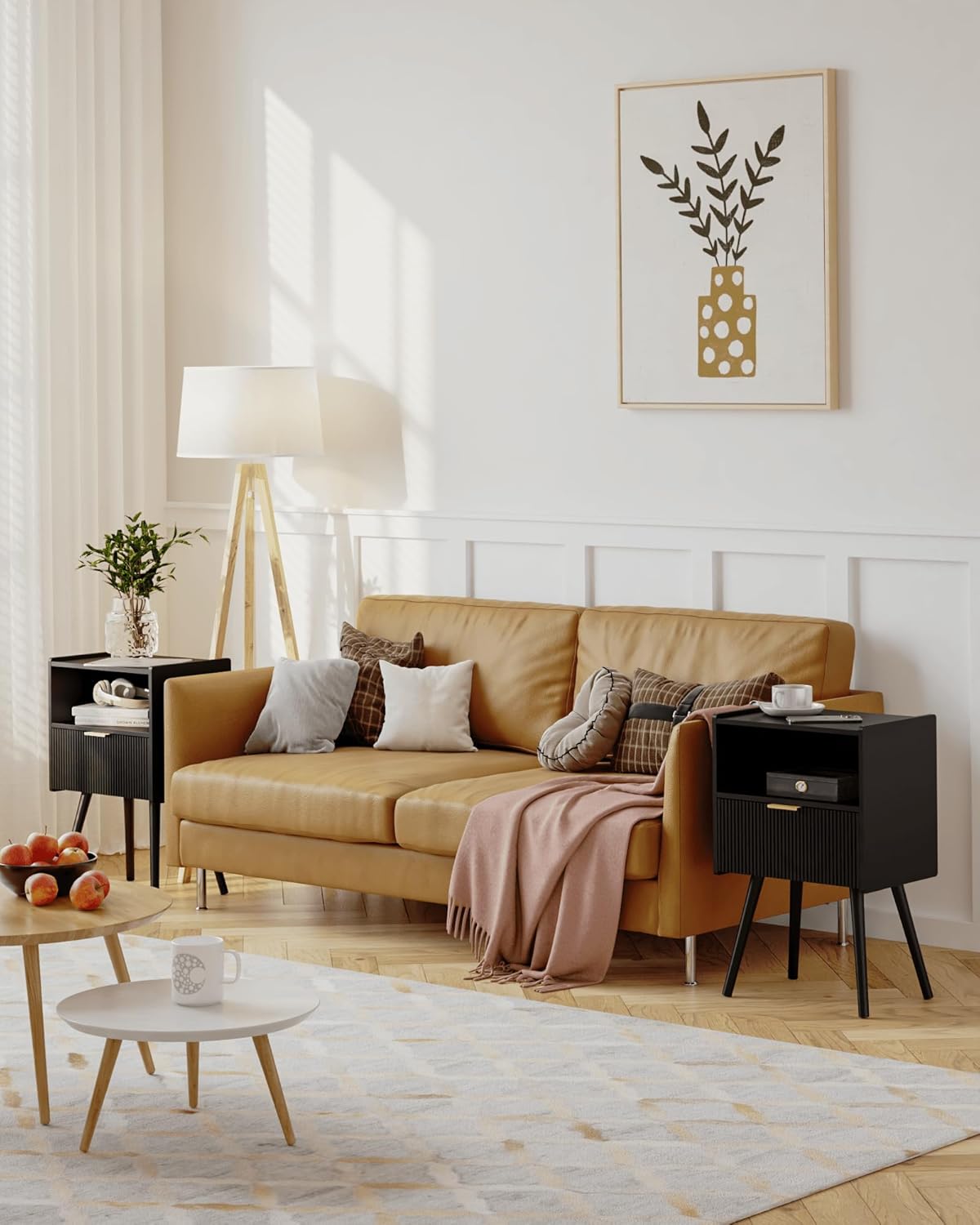 Black Nightstand,Modern Bedside Table with Storage Drawer and Open Wood Shelf, for Living Room, Bedroom and Small Spaces, Accent Night Stand with Solid Wood Legs, Easy Assembly,Classic Black