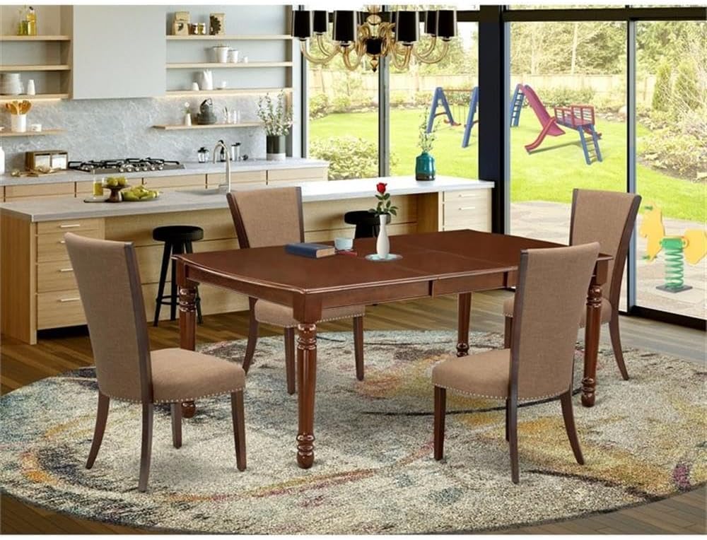 East West Furniture DOVE5-MAH-47 5 Piece Dining Table Set Includes a Rectangle Wooden Table with Butterfly Leaf and 4 Light Sable Linen Fabric Upholstered Chairs, 42x78 Inch, Mahogany