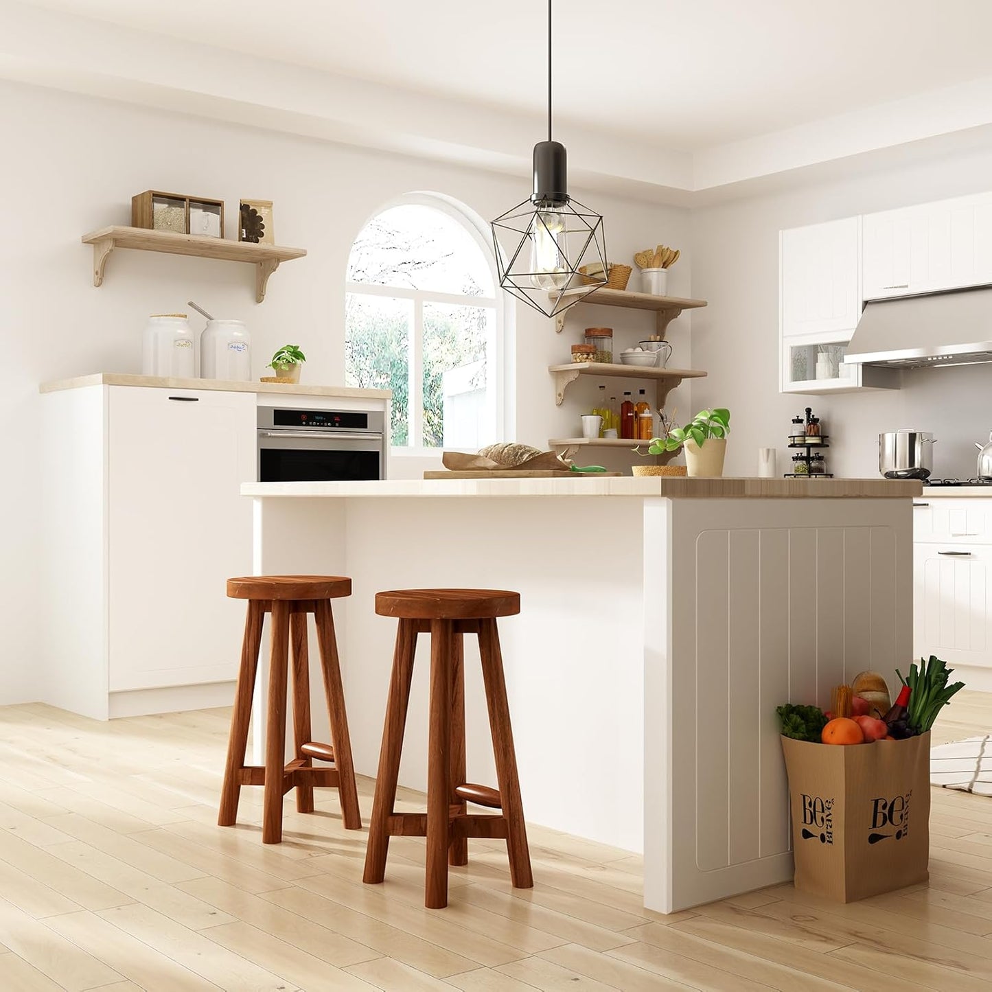 Solid Teak Wood Barstool with Round Seat for Kitchen Counter, Home Bar Furniture, 24-Inch Height