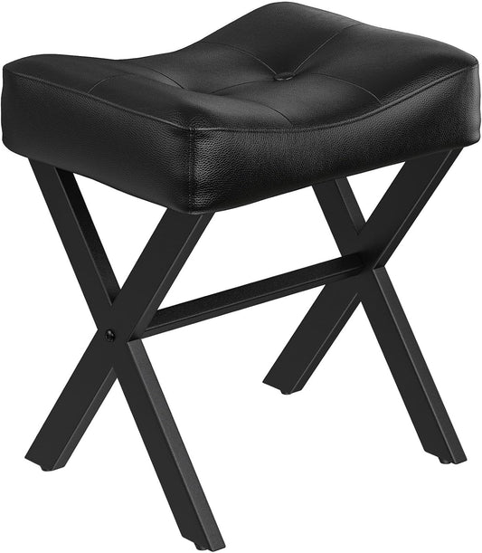 18-Inch Leather Vanity Stool Chair, Vanity Bench with Metal X-Leg, Ottoman Foot Stool with Thick Padded Saddle Seat, Black