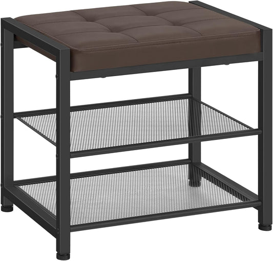 HOOBRO Small Shoe Bench, 3-Tier Shoe Rack, Shoe Storage Bench with PU Seat Cushion, Entryway Shoe Rack Bench with Metal Mesh Shelves, Freestanding Shoe Organizer for Hallway, Brown CB33HX01