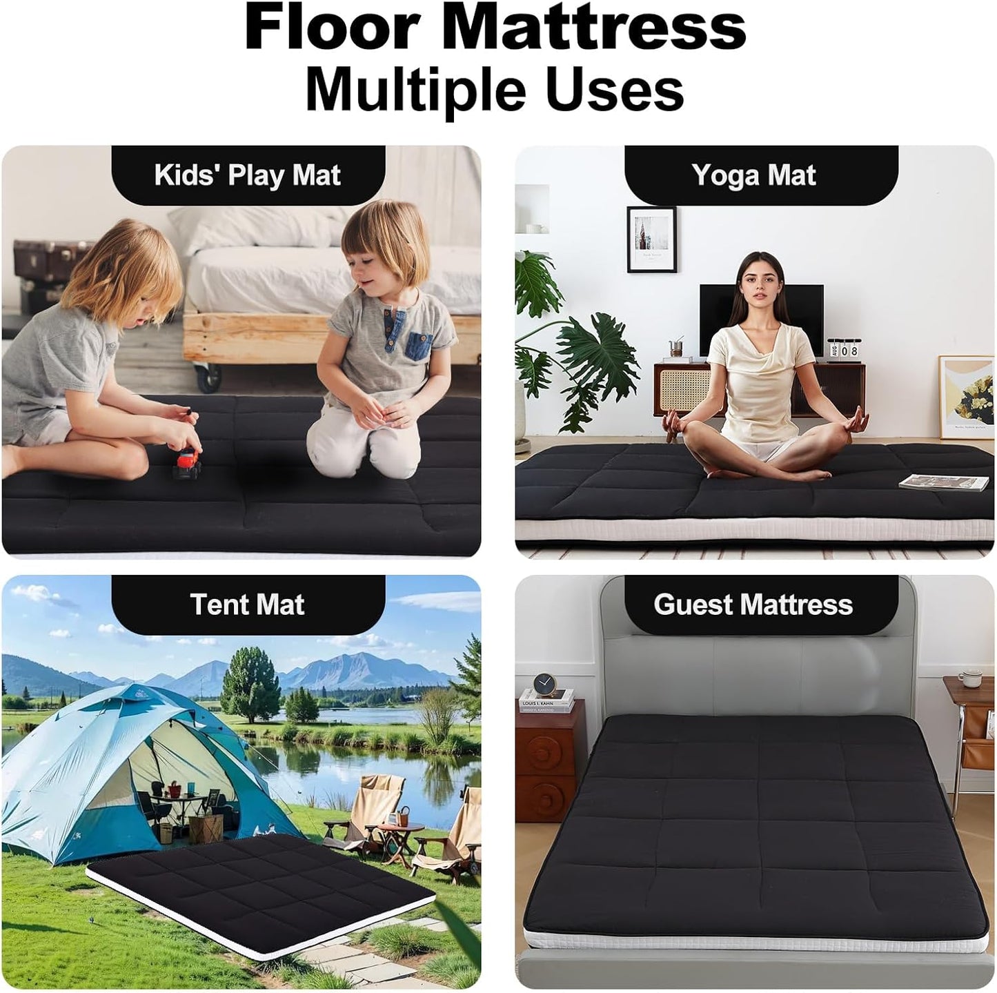 Tiita Floor Mattress Memory Foam Mattress Topper, 4" Thicken Futon Mattress with Storage Bag and 2 Straps, Portable Roll Up Travel Car Camping Mattress Sleeping Pad Full Size, Black