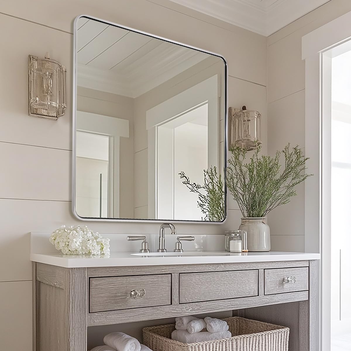 ANDY STAR 36x36 Inch Chrome Mirrors for Bathroom, Chrome Square Bathroom Vanity Mirror, Rounded Mirror, Anti-Rust SUS304, Seamless Tube Metal Frame, 1’’ Deep Wall Mounted Vertically/Horizontal