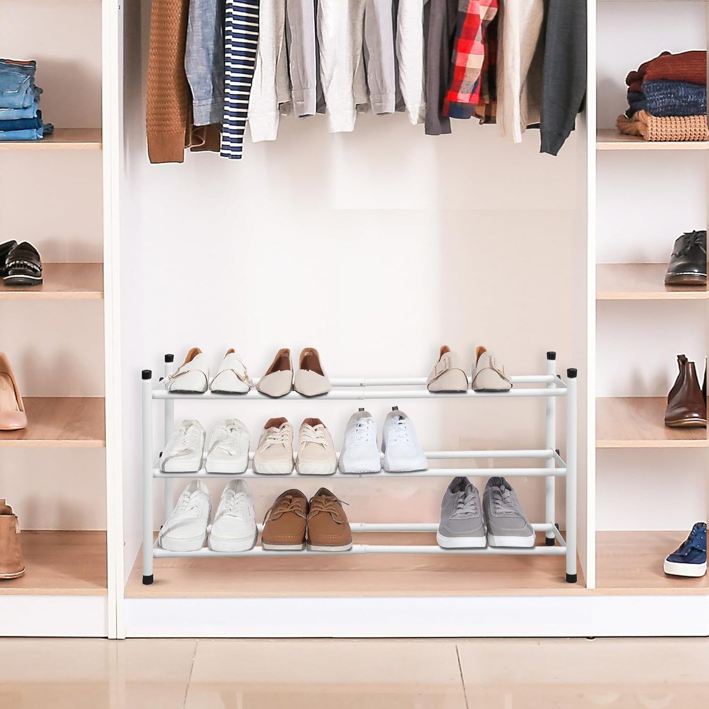 STORAGE MANIAC Expandable Shoe Rack, 12 Pairs Stackable Small Shoe Rack, Metal Adjustable Shoes Organizer for Closet, Entryway, Hallway, Garage, Front Door, Shoes Shelves, White 3 Tier