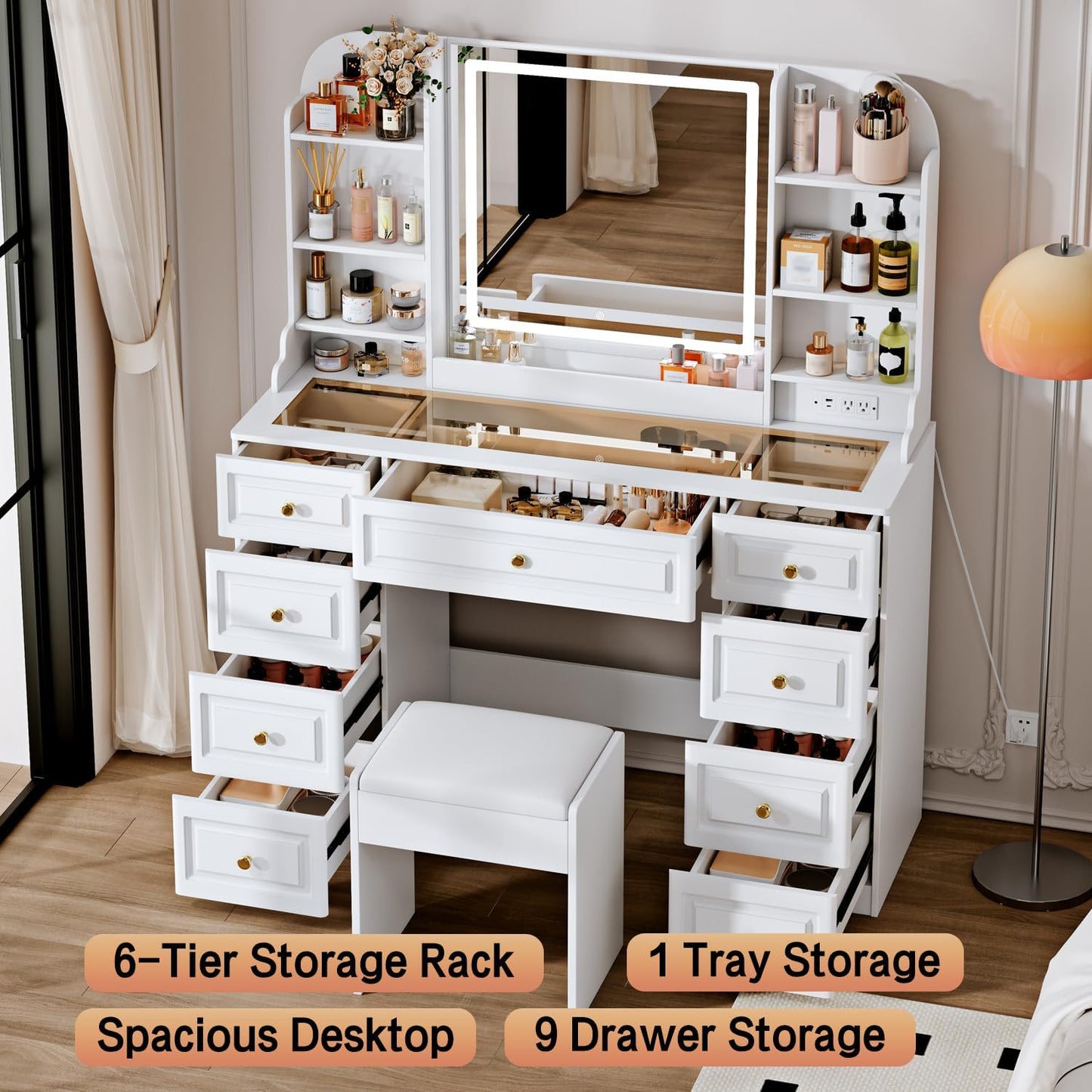 42" Makeup Vanity Desk with Mirror and Lights, & Power Outl, Glass Top Big Vanity Table with 9 Drawers& 8 Storage Shelves, Dressing Table Set with Chair for Bedroom, White