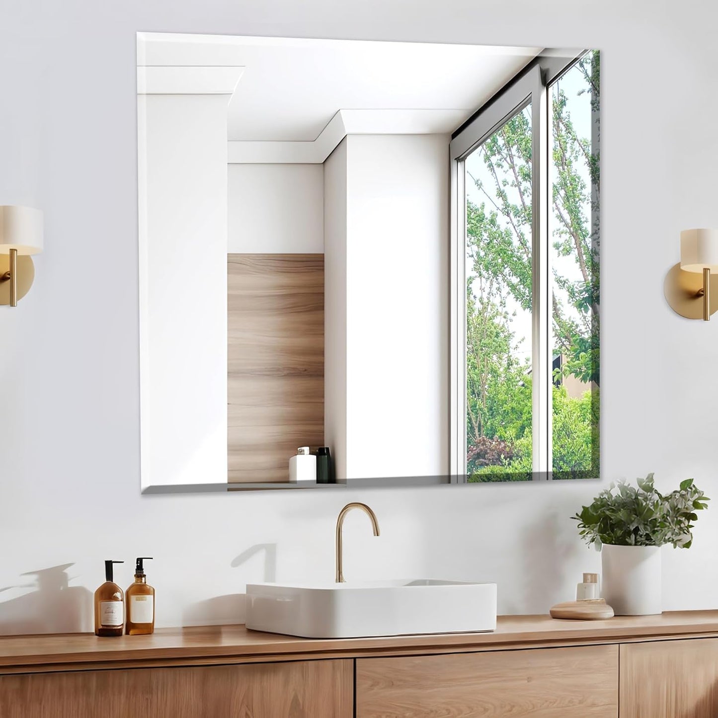 30x30 Frameless Mirror,Bathroom Vanity Mirror,Nano Glass Square Mirrors for Wall,Beveled Mirrors for Restroom,Espejo para baño