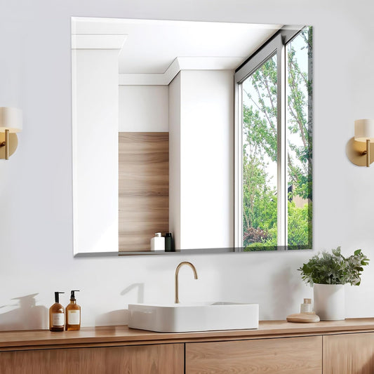 30x30 Frameless Mirror,Bathroom Vanity Mirror,Nano Glass Square Mirrors for Wall,Beveled Mirrors for Restroom,Espejo para baño