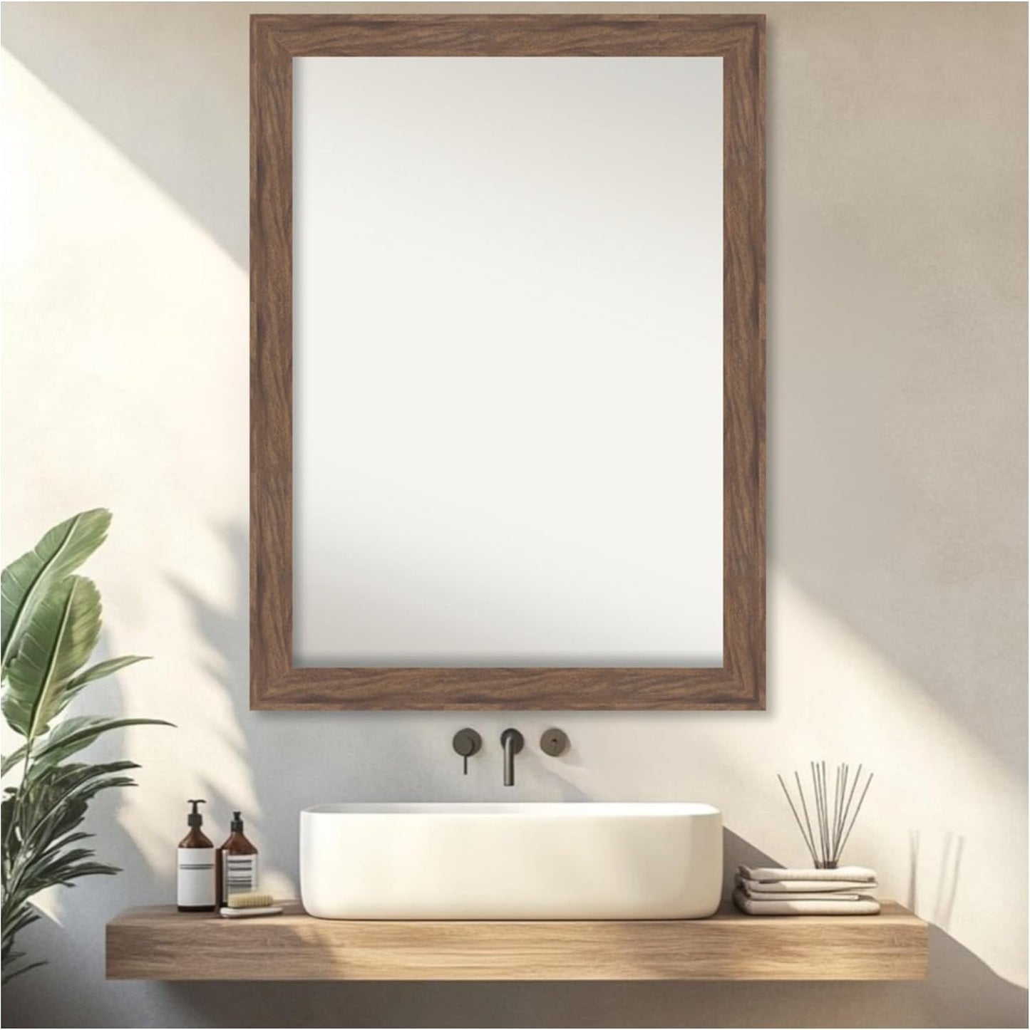 Amanti Art Brown Bathroom Mirror for Over Sink, 32x43 Pia Medium Brown Rectangle Vanity Mirror, X-Large Casual Frame, Hangs Horizonally and Vertically, Bathroom Wall Decor, Non-Beveled Edge
