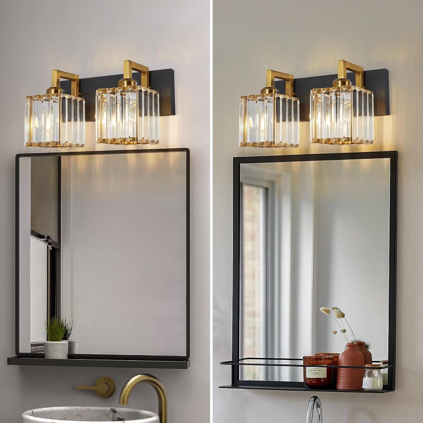 Modern Bathroom Vanity Light 2-Lights Black Gold Crystal Wall Lamp Bathroom Modern Crystal Vanity Lighting