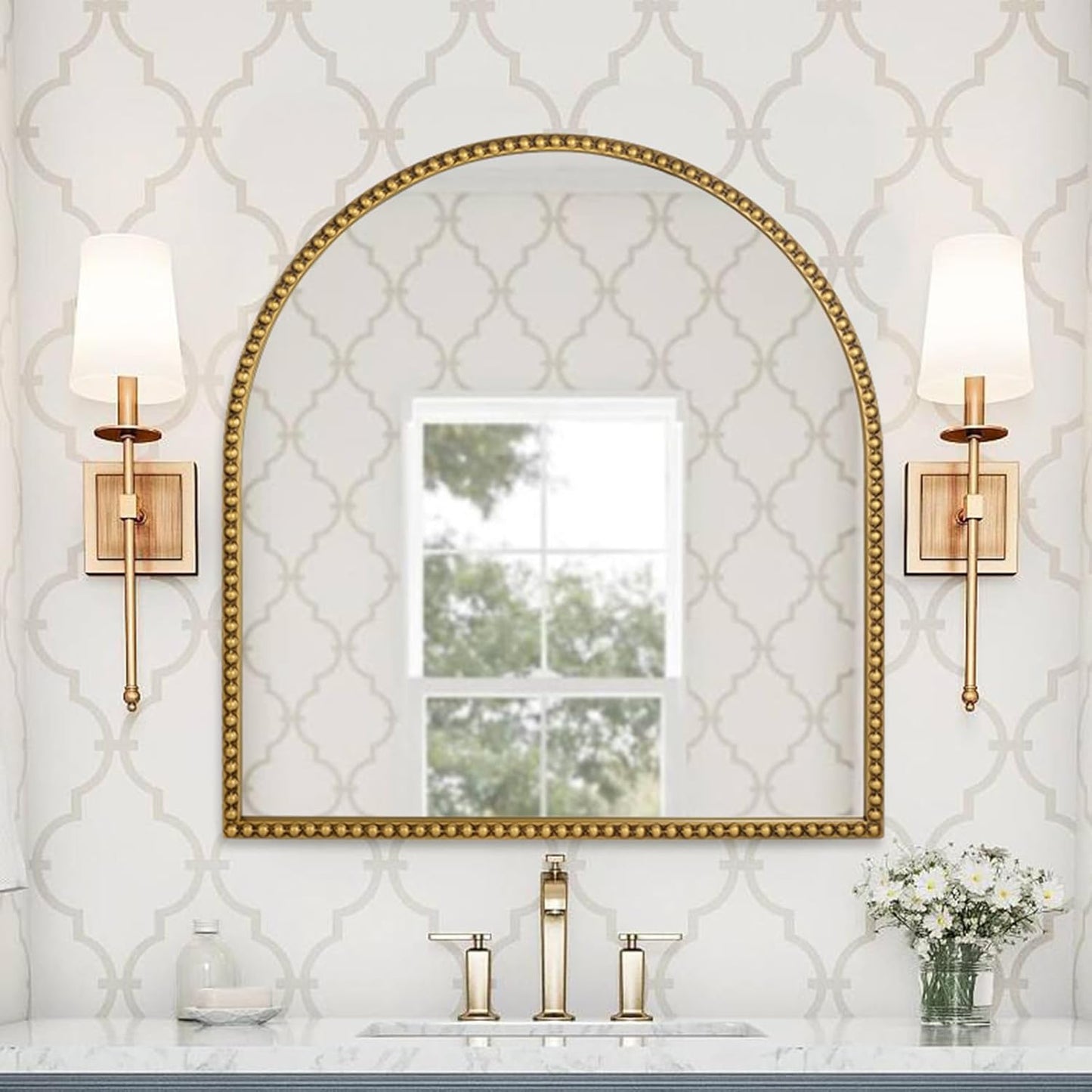 33x31 Inch Arched Bathroom Mirror, Antique Gold Wall Mirror Metal Beaded Frame, Vanity Mirror for Dresser Living Room Bedroom Mantel Entryway Hallways
