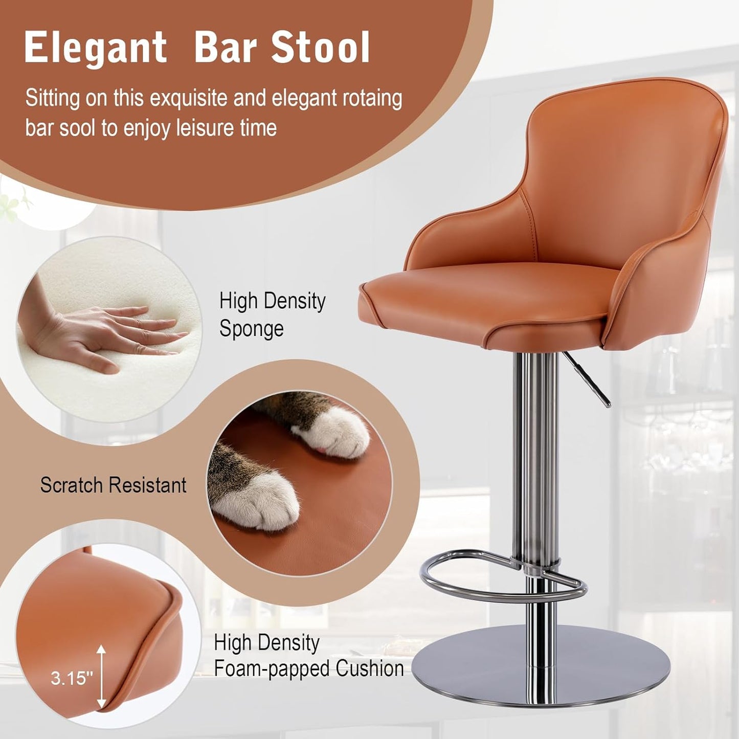 CozyRain Bar Stools Adjustable Stainless Steel Swivel Barstool with Back and Footrest,Modern Leather Upholstered Bar Chairs for Home,Kitchen,Bar, Counter Orange/Grey (2pcs Brown)