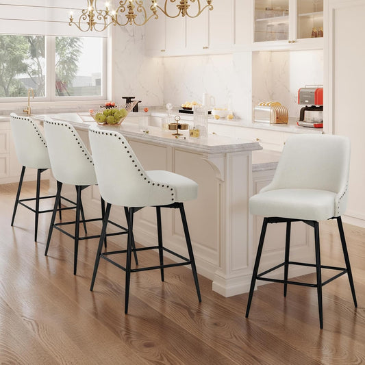COLAMY Bar Stools Set of 4, 26.18" Counter Height Swivel Stools with Thick Padded Seat, Adjustable Footrest & 360° Rotation, Soft Fabric Upholstery for Kitchen Island/Home Bar/Cafe, Beige