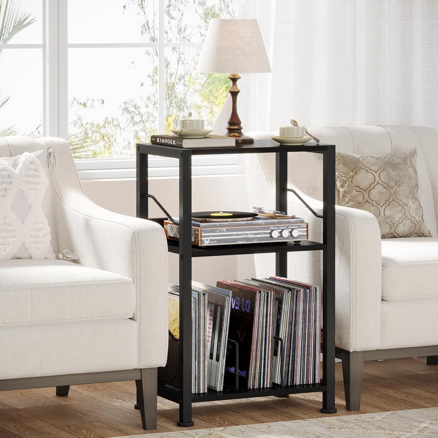 Hosfais 3 Tier Record Player Stand, Retro Vinyl Record Storage End Table Records for Living Room Bedroom (Black)
