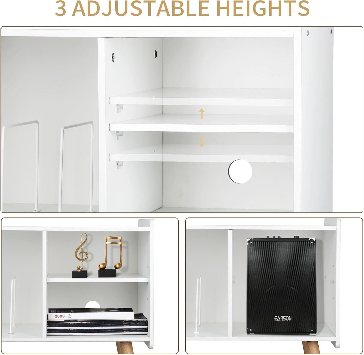 Mid-Century Record Player Stand, Vinyl Record Cabinet Holder with Storage Up to 100 Albums, Record Player Table for Living Room Bedroom Office, Turntable Stand with Wood Legs, White