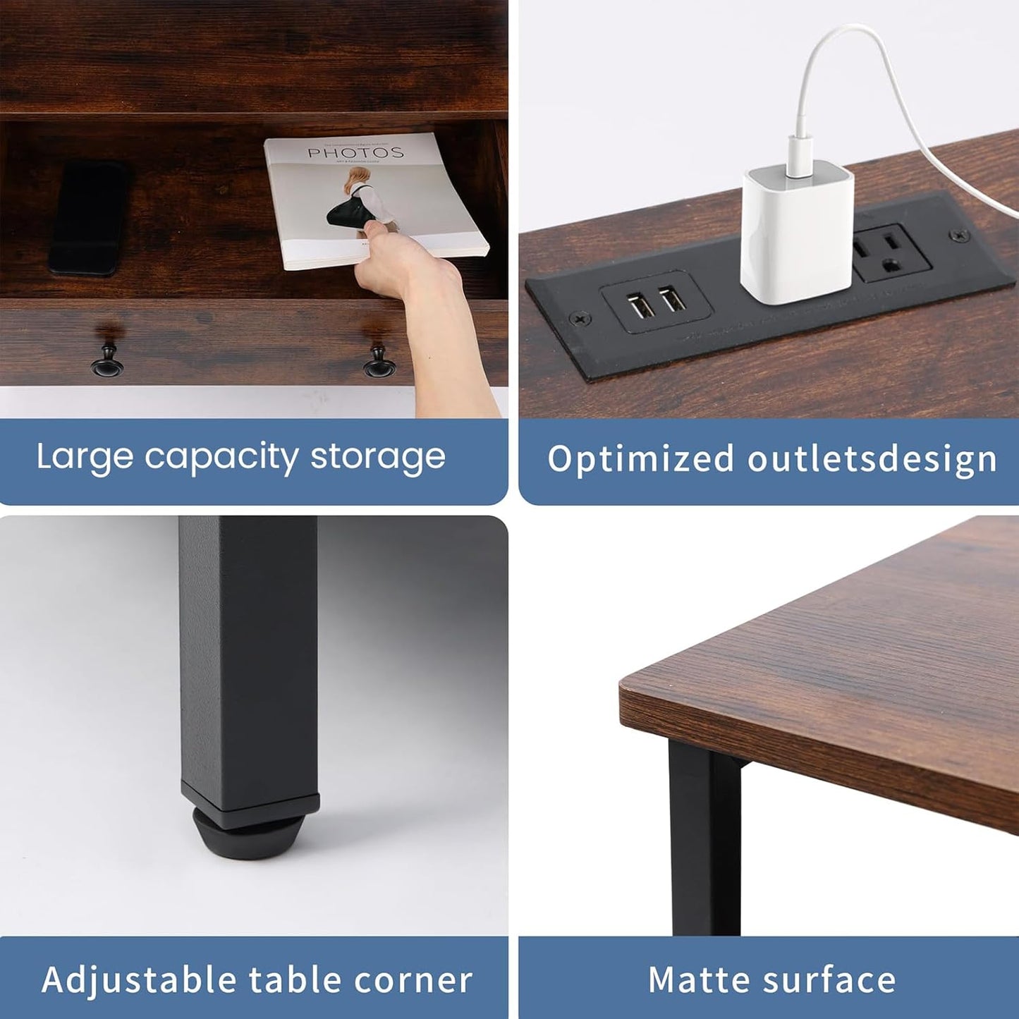 3 Wooden Drawers Night Stand, 27 Inch Wide Nightstand with Charging Station and Adjustable Drawers, Bedside Table for Living Room/Bedroom/Office, Retro Brown.