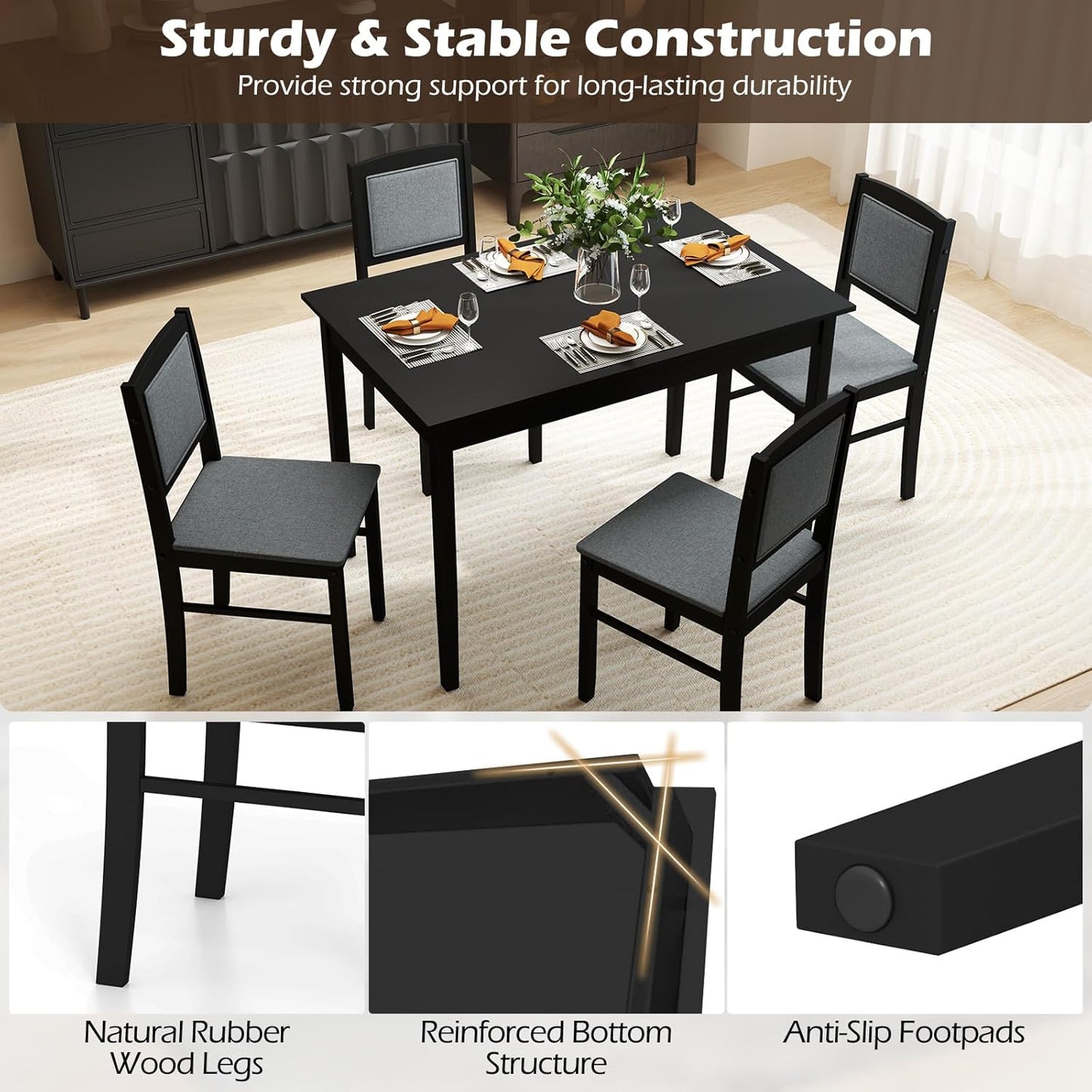 Giantex 5-Piece Dining Table Set for 4 - Breakfast Nook Table Set with Kitchen Table, 4 Upholstered Chairs, Wood Legs, Space-Saving Dinette Set, Kitchen Table Chairs Set of 4 (Black+Grey)