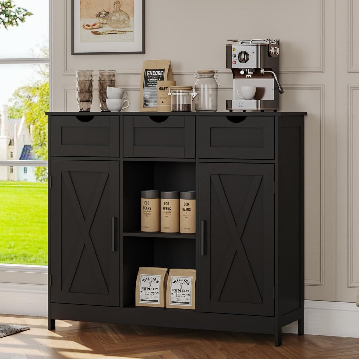 Storage Cabinet, Coffee Bar Cabinet with 2 Adjustable Shelves, 3 Drawers, and 2 Doors, for Bathroom, Kitchen, Living Room (Black)