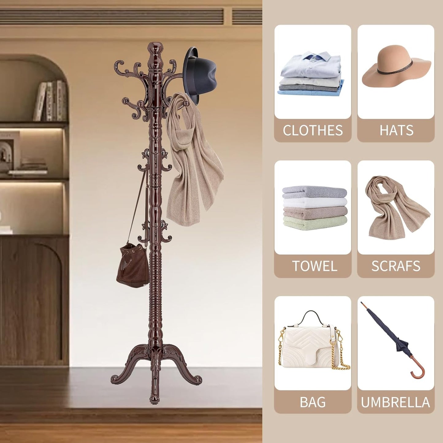 Wood Coat Rack Stand, Classic Wooden Coat Rack Freestanding with Sturdy Triangle Base, Vintage Coat Racks with 14 Hooks, Natural Birch Wood Entryway Corner Office Coat Hall Tree Hanger Stand