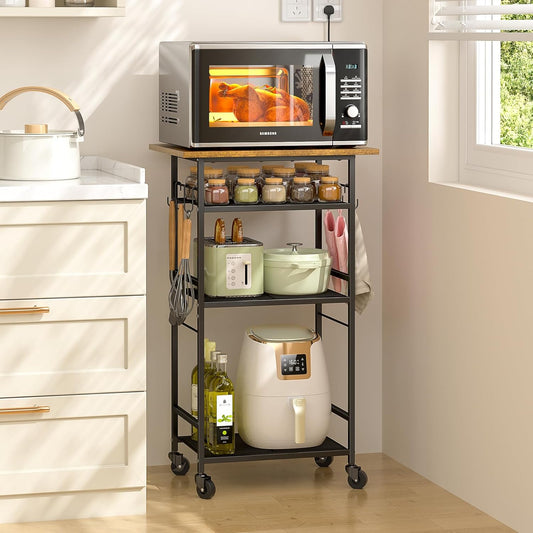 Rolling Kitchen Microwave Cart, 4 Tier Microwave Table Stand with Storage, Kitchen Storage Rack on Wheels, Coffee Station Cart Rack Shelf Organizer for Living Room Office, Balcony