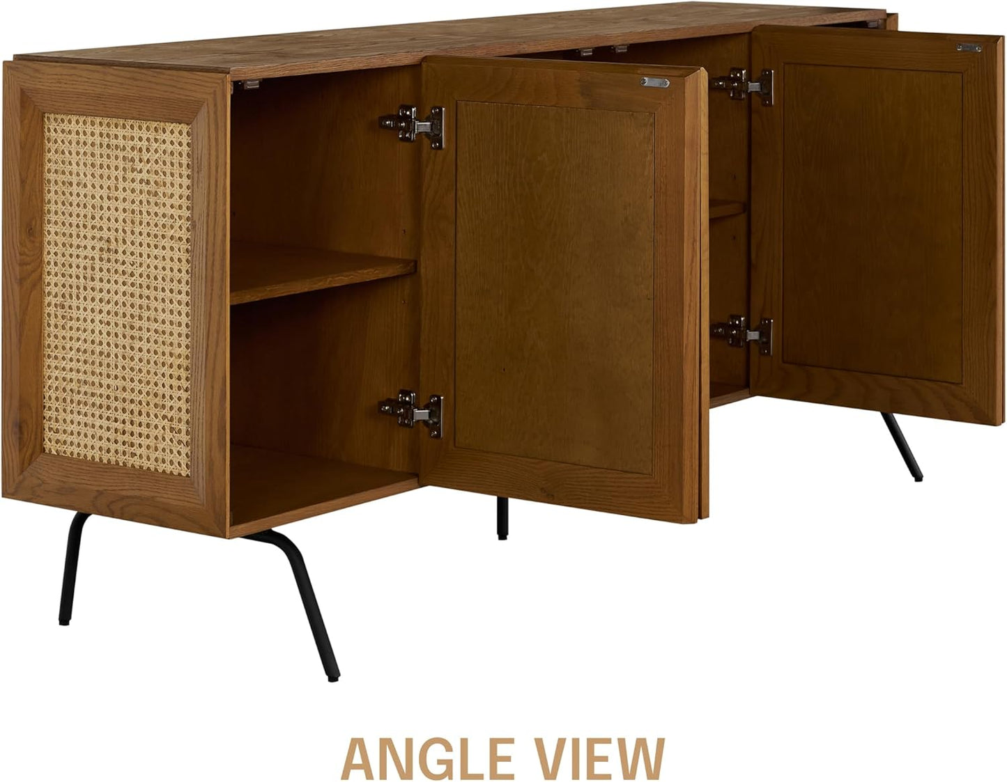 NTC MOSSIC Modern Sideboard with 4 Doors, Natural Rattan Storage Cabinet, Buffet with Metal Legs, Boho Accent Cabinet for Living Room, and Entryway, Effortless Assembly - Rustic Oak