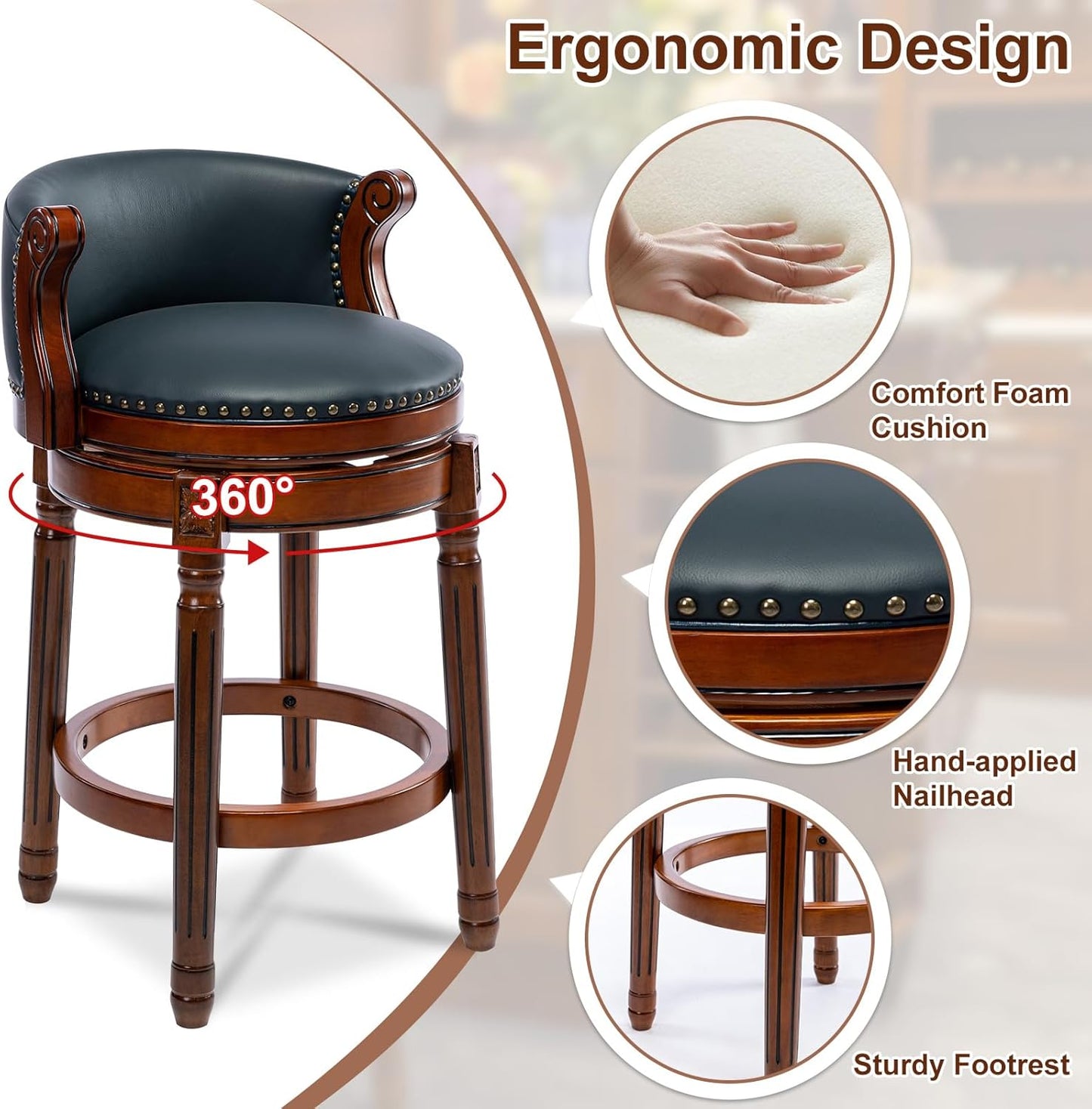 CozyRain Bar Stools Rubber Wood Counter Height Bar Stool Leather Upholstered Swivel Barstools with Back & Footrest for Home,Kitchen,Counter,Dining Room (Navy Blue, Seat Height 26 in)