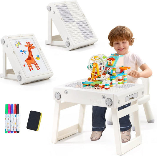 Toddler Table and Chair Set, Foldable Building Block Table for Kids, Double-Sided Drawing & Building Kids Activity Tables, Include 5 Markers & Board Eraser