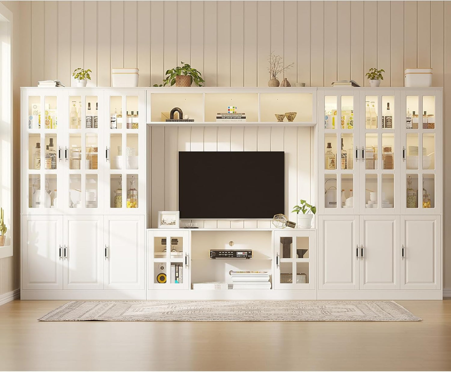 4-Piece Wall Unit TV Stand with Storage & LED Lights for TVs up to 75", Modern Entertainment Center with Bookshelves & 6-Door Pantry Cabinet, White