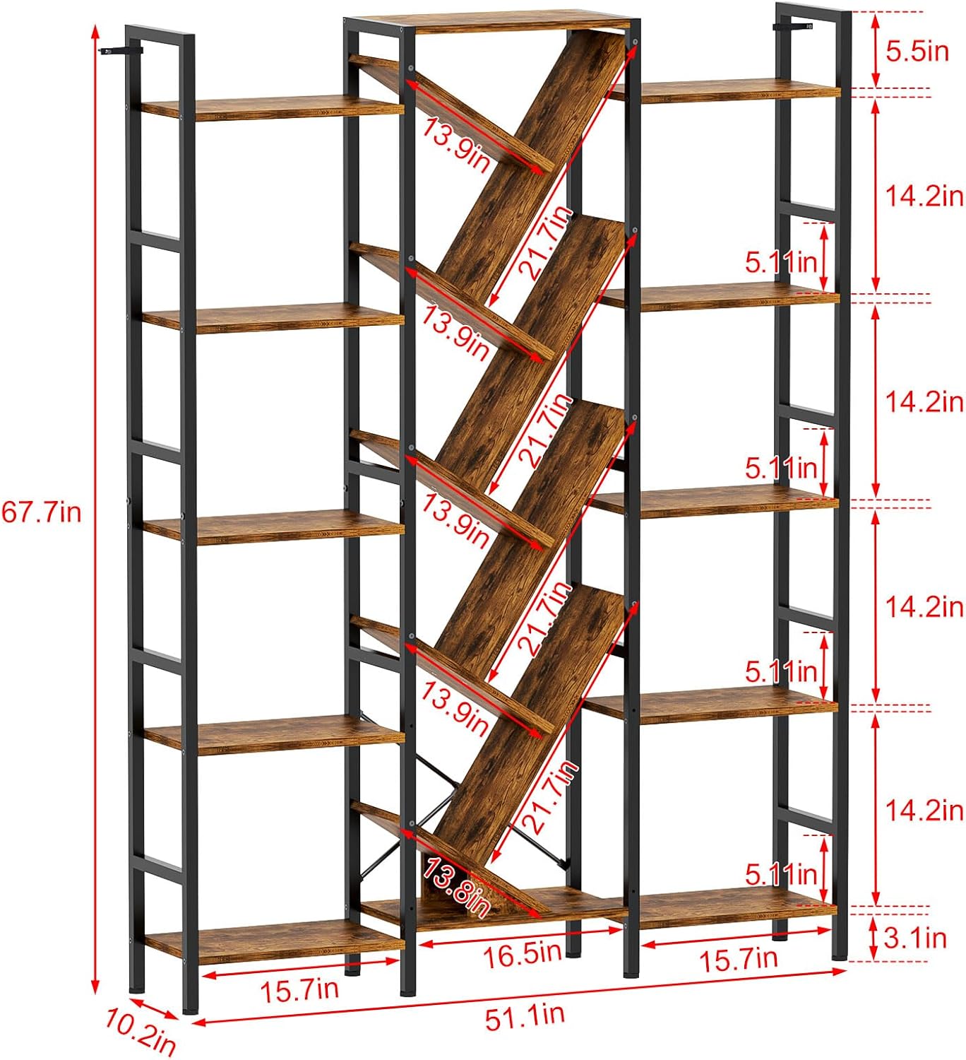 Triple 5 Tier Bookshelf, Large Bookcase Industrial Bookshelf with 19 Open Display Shelf, Wooden Wide Tall Tree Bookshelf for Living Room Home Office, Rustic Brown