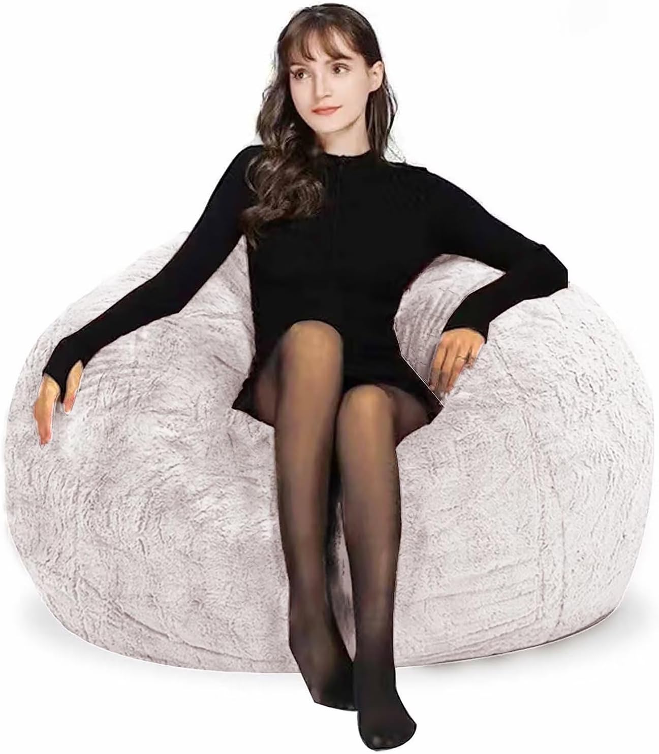 Bean Bag Chairs for Kids Comfy Fluffy Big Joe Bean Bag Chair Cover Without Filler Round Sofa Chairs for Bedroom Living Room Decor, 5FT, White