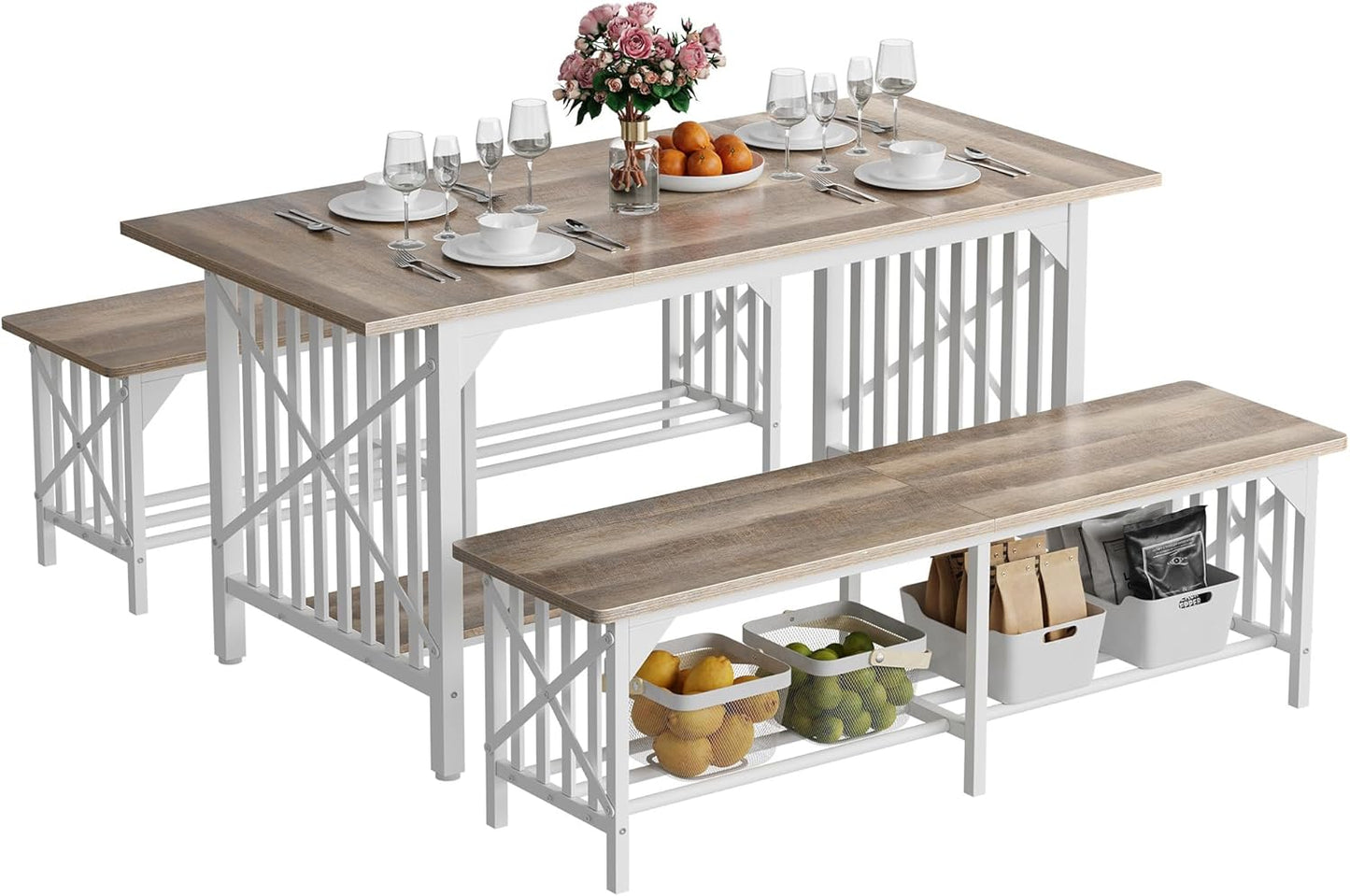 DWVO 3-Piece Dining Table Set for 4-6 People, 63" Dining Room Table with 2 Benches, Industrial Rectangular Dining Room Table Set with Storage for Kitchen, Dining Room, Washed Grey