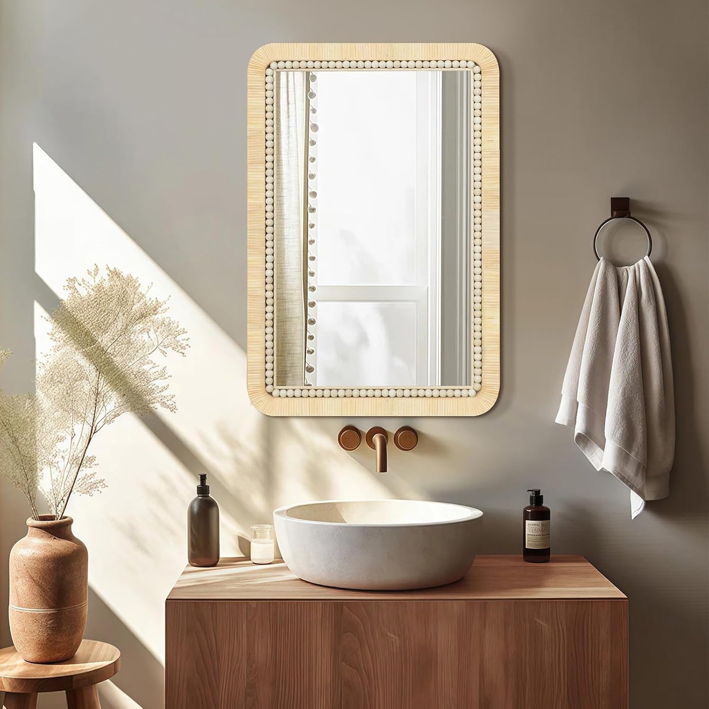 ULIKE Rattan Mirror for Bathroom, 22x30 Inch Rectangle Rustic Farmhouse Wall Decor with Handmade Wicker Frame, Boho Mirror for Nursery Bedroom Living Room Entryway