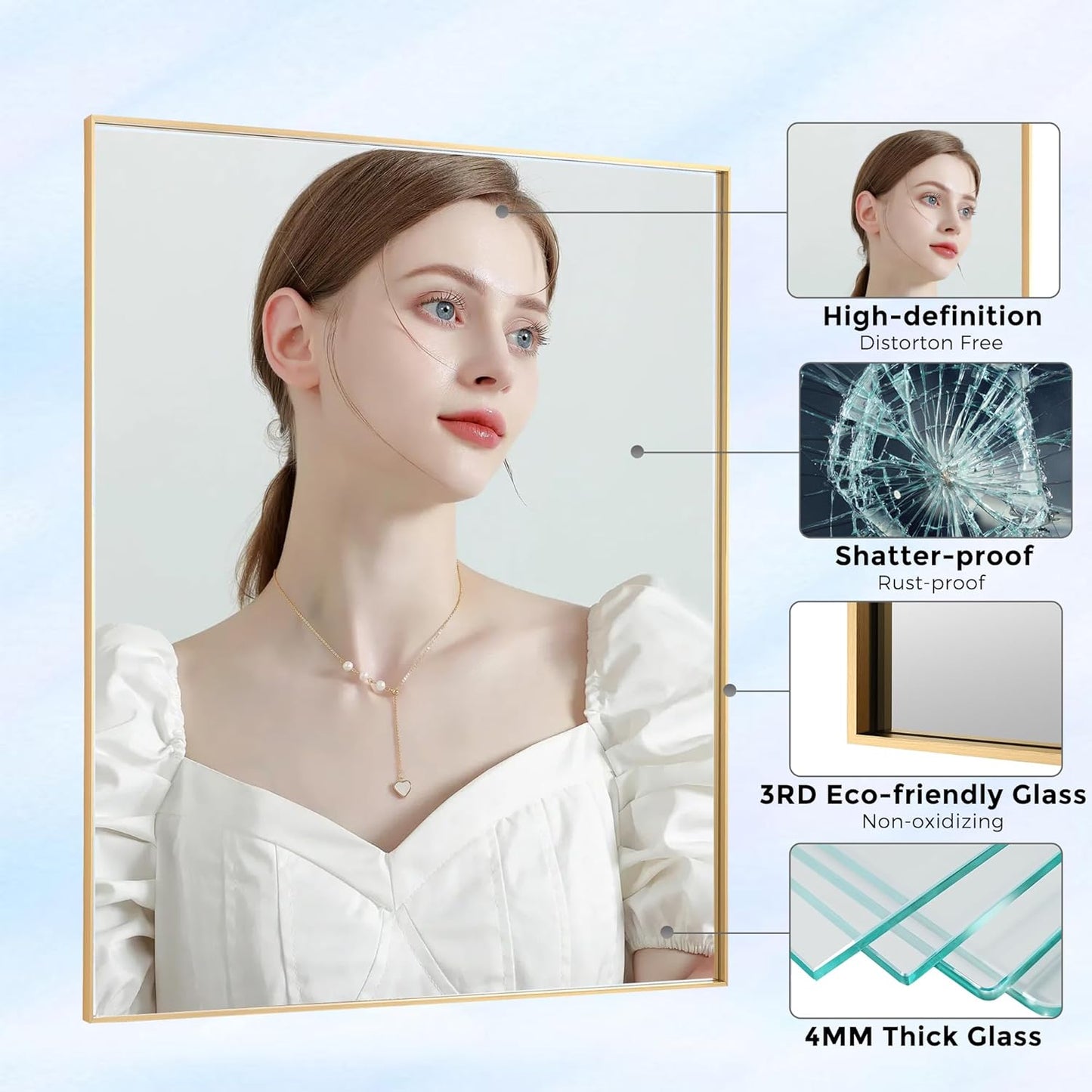 30x30 Inch Orange Gold Bathroom Mirror for Wall, Aluminum Frame Rectangle Rectangular Vanity Mirror, Modern Large for Bedroom, Living Room, Horizontal or Vertical