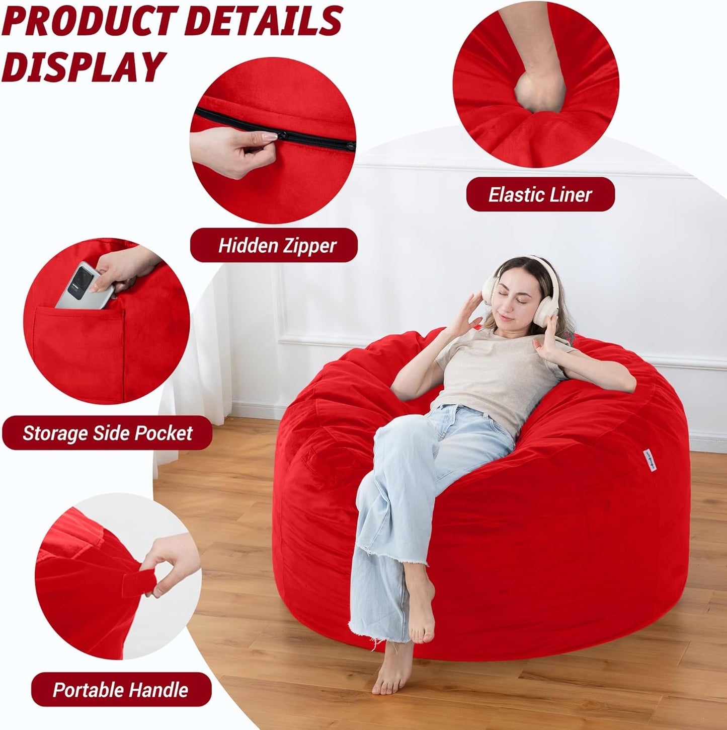 4FT Bean Bag Chair with Ultra Soft Velvet Cover Bean Bag Sofa with Memory Foam Bean Bag Chairs with Large Size Lazy Sofa for Dorm Office Living Room Bedroom Red 4'