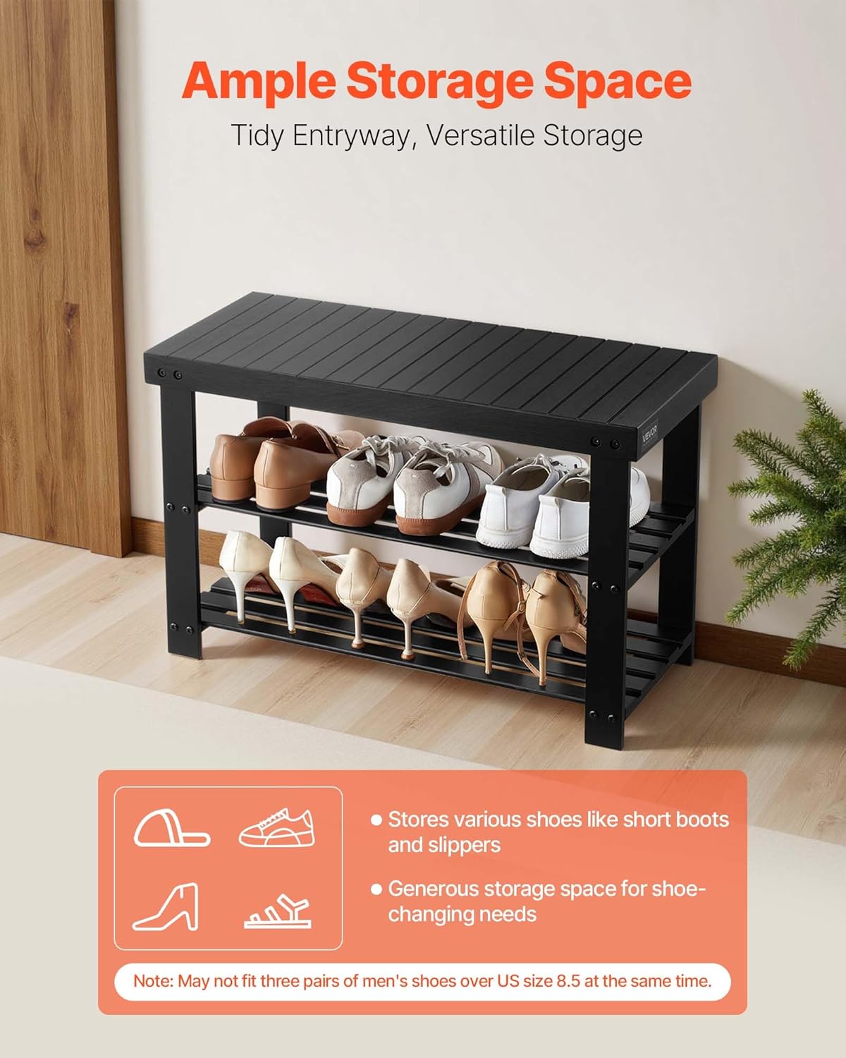 VEVOR Shoe Rack Bench, 3-Tier Bamboo Entryway Bench, Shoe Storage Organizer Holds Up to 286 lbs, 27.6 x 11.3 x 17.8 Inches, for Front Door, Hallway, Living Room, Bedroom, Black