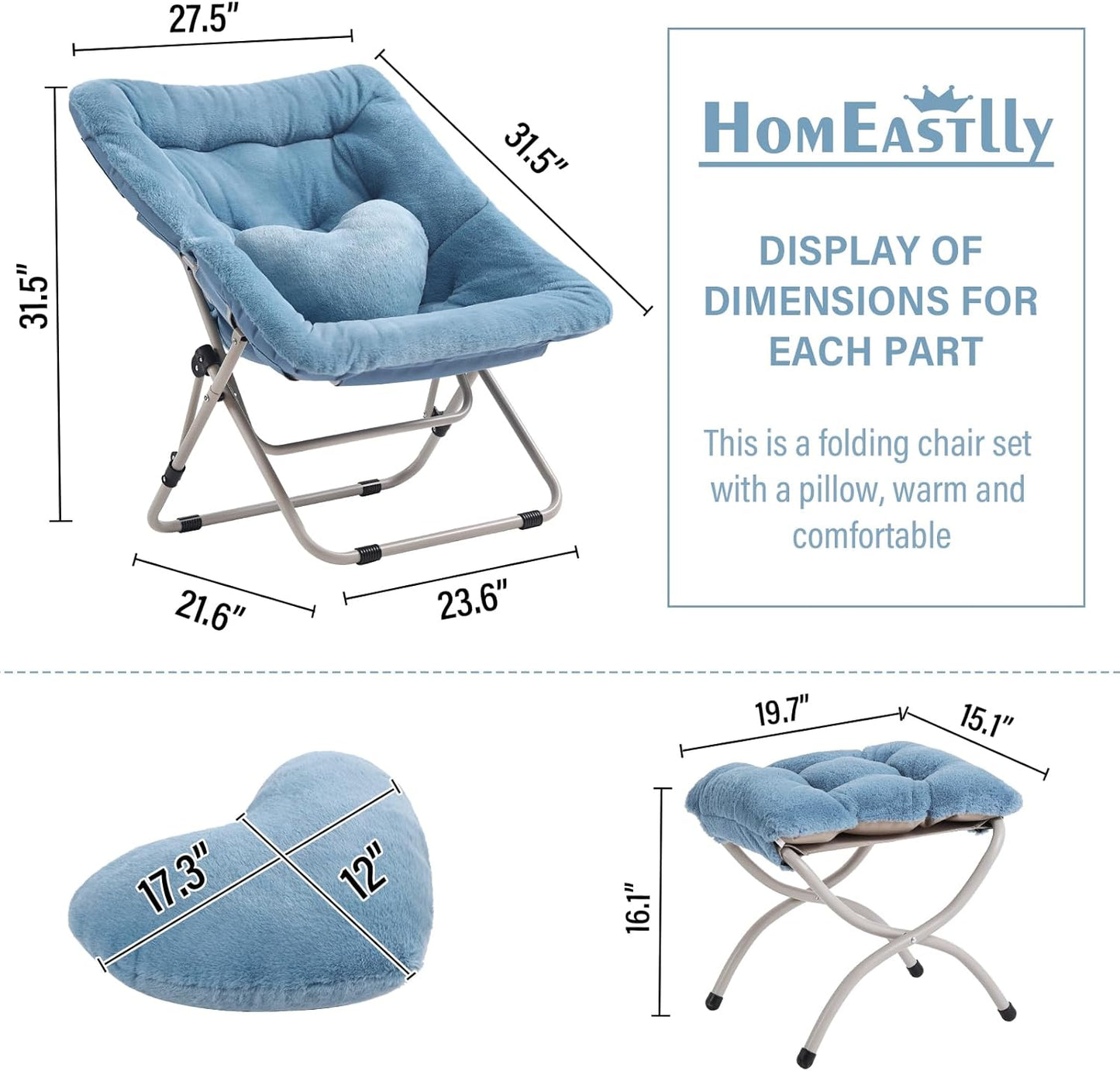 Saucer Chair with Ottoman, Comfy Oversized Folding Chair, Faux-Fur Reading Chair for Teens, Adults, Foldable Accent Lazy Chair, Metal Frame Lounge Chair for Living Room, Bedroom, Blue