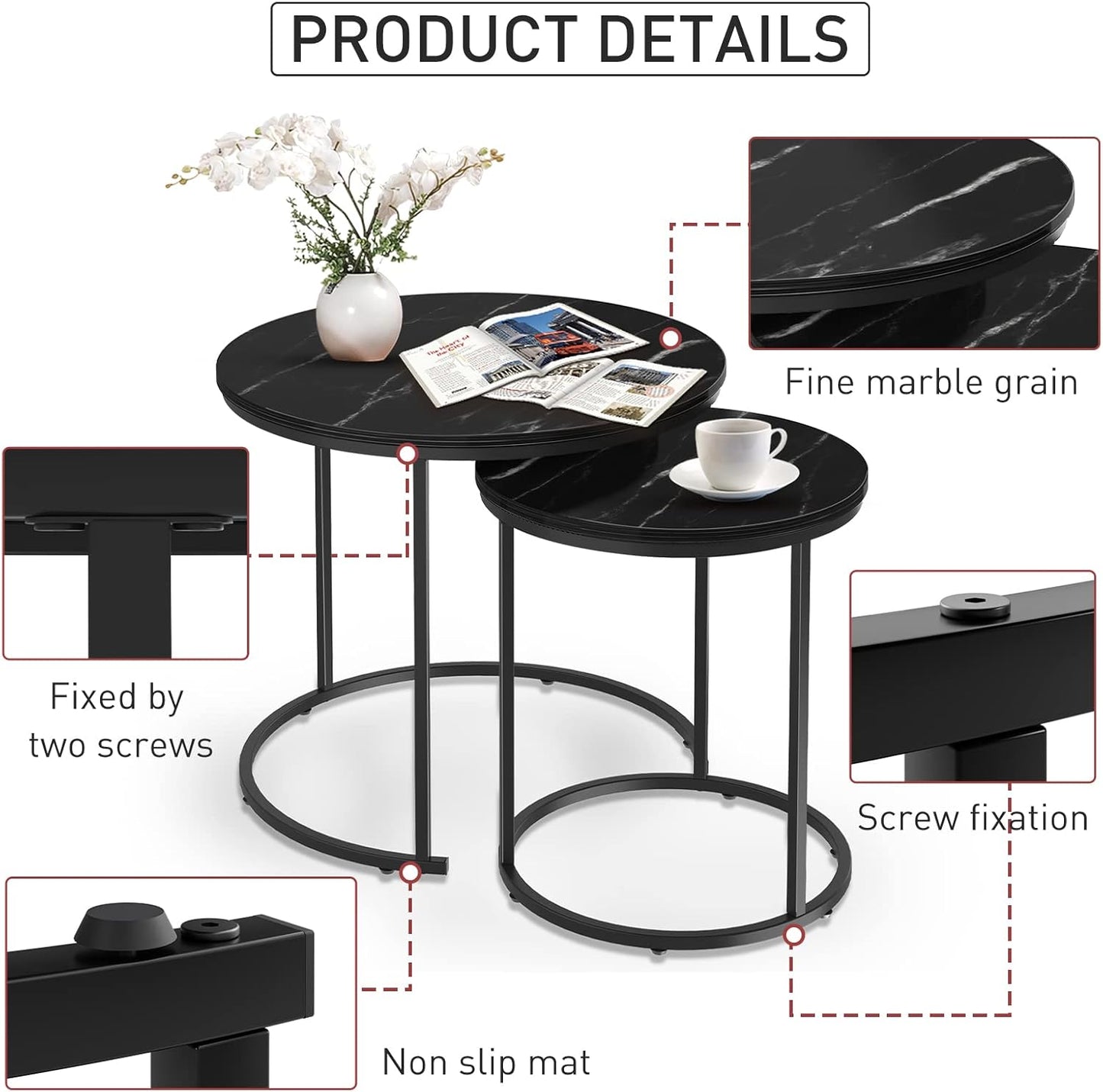 Black Marble Nesting Coffee Table for Small Place 24 in 2 Sets High Side End Sofa Table Nightstand Modern Furniture Living Room Cabin Bed Room Dining RoomGarden 4 You (Black Marble)