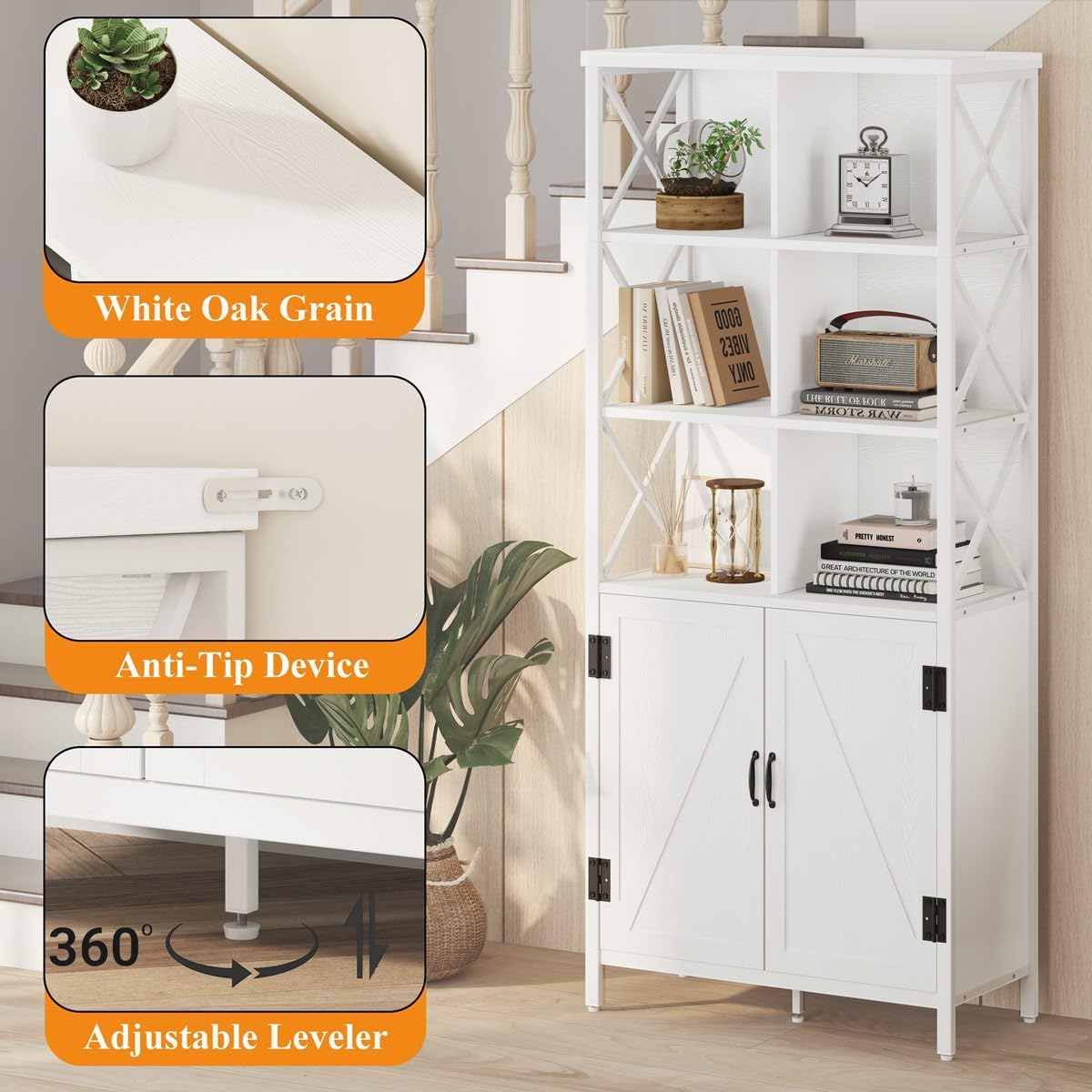 FATORRI Tall Bookshelf and Bookcase, Industrial Bookshelf with Doors, Bookcase with Storage, Cube Storage Organizer Bookshelves, Wood Book Shelf for Living Room, Home Office (White Oak, 67 Inch)