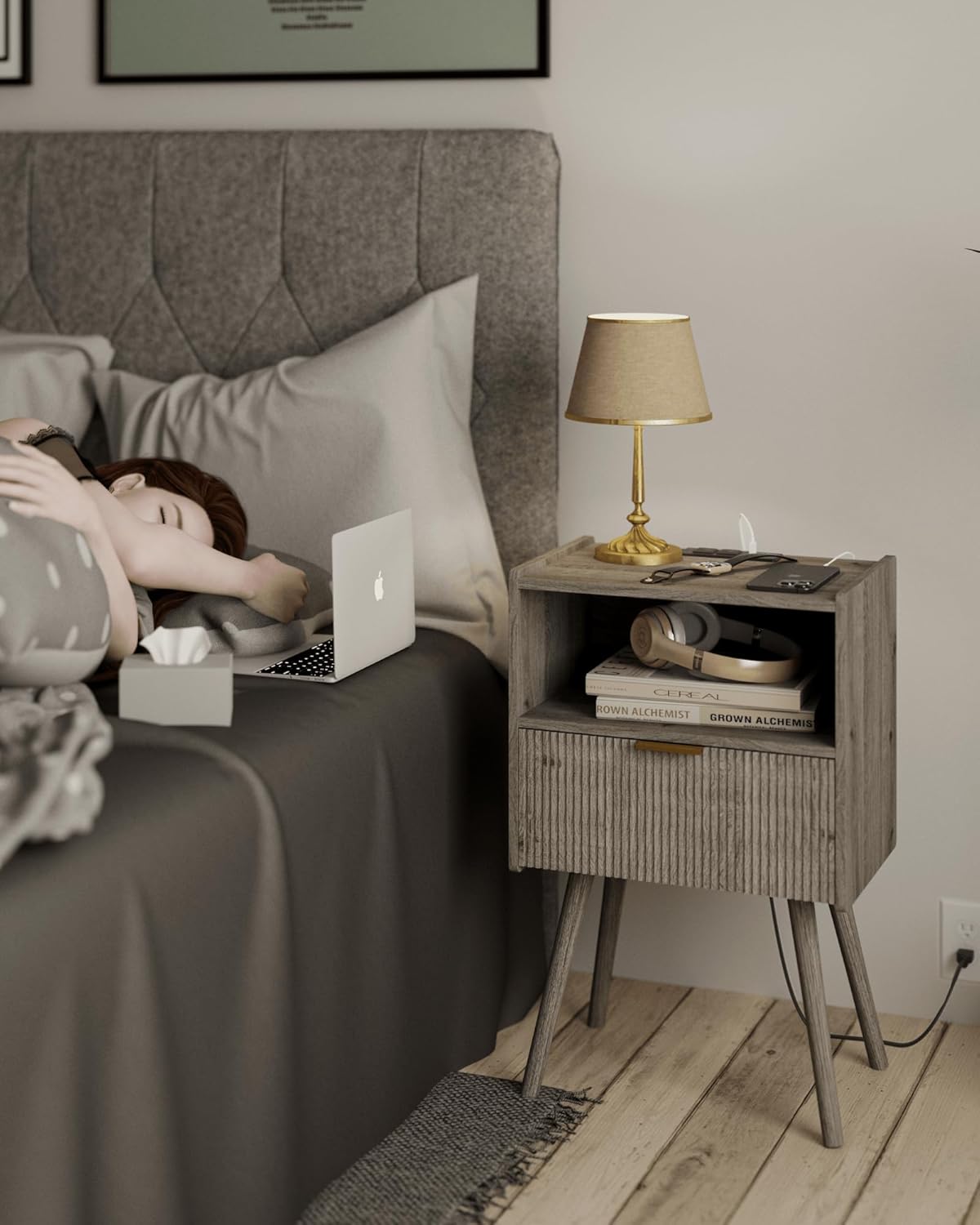 Nightstand with Outlet,Modern Bedside Table with Storage Drawer and Open Wood Shelf, for Living Room, Bedroom and Small Spaces, Accent Night Stand with Solid Wood Legs, Easy Assembly,Grey Oak