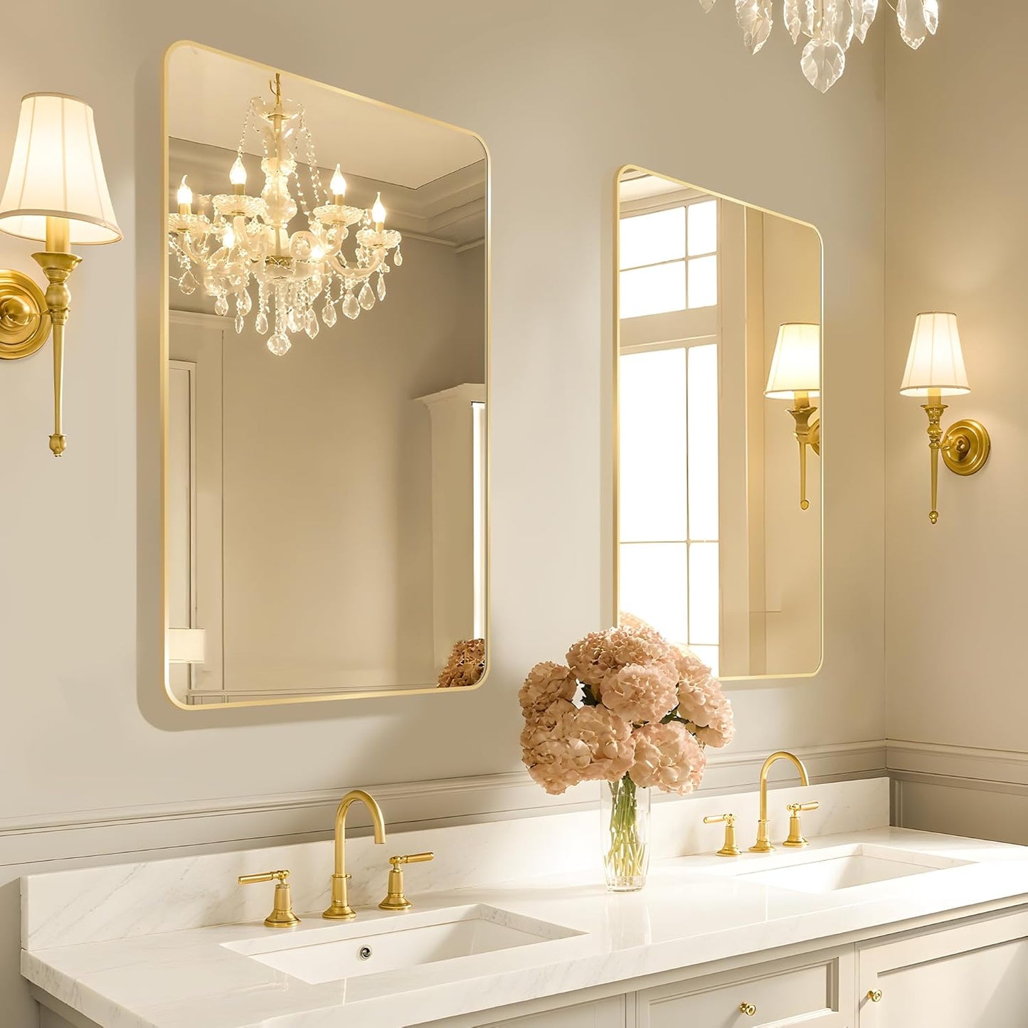 20x28 Rounded Rectangle Bathroom Mirrors for Over Sink, Gold Vanity Mirror with Metal Frame Wall Mounted, Modern Farmhouse Mirror for Restroom, Bedroom, Entryway Decor
